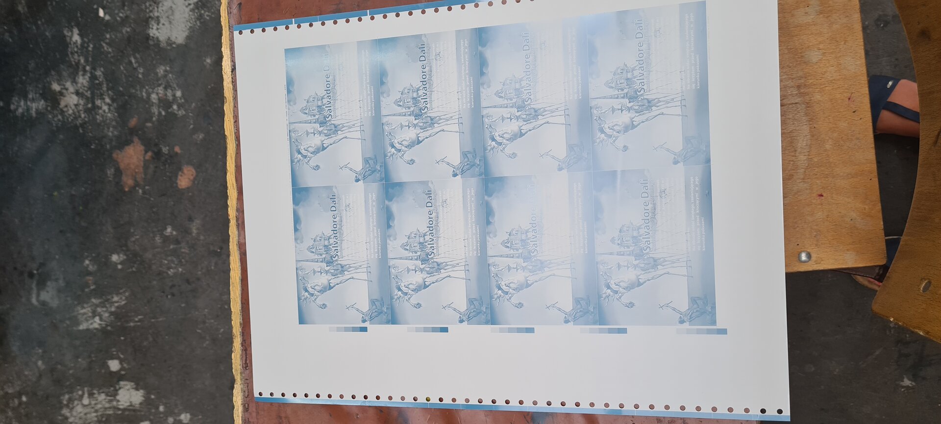 Zdjęcie przedstawia przykładową naświetloną i wywołaną płyta presensybilizowaną pozytywową. Forma drukowa offsetowa jest wykonana z płyty aluminiowej o ziarnowanej, anodowanej powierzchni z naniesioną warstwą kopiową. Na powierzchni formy widoczne powtarzające się  grafiki  w kolorze jasnoniebieskim na białym tle.
