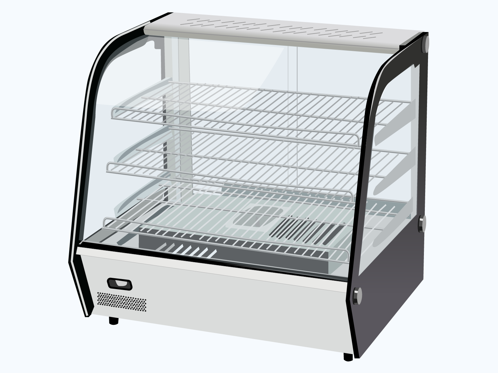 Ilustracja przedstawia szklaną witrynę na żywność, zawierającą trzy, półki wykonane z metalowych prętów. Obudowa witryny jest biała. 
