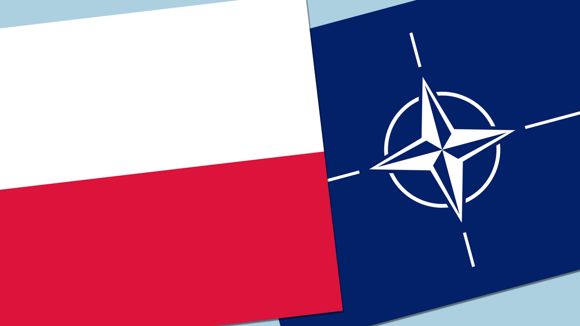 Ilustracja.
Ilustracja przedstawia Polskę w NATO. Flaga RP i NATO. Flaga RP w barwach narodowych, ułożone w dwóch poziomych, równoległych pasach tej samej szerokości, z których górny jest koloru białego, a dolny koloru czerwonego. Flaga NATO jest w odcieniu błękitnego. Symbolizuje Ocean Atlantycki. Ma biały pierścień symbolizujący jedność oraz na środku różę kierunkową oznaczającą bezpieczeństwo.