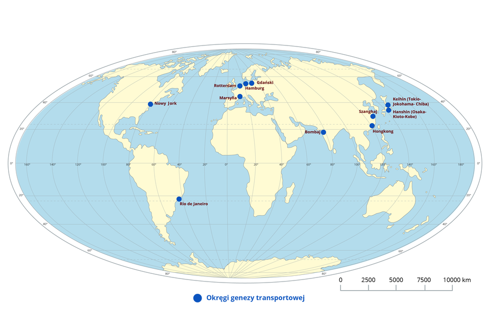 Na mapie świata zaznaczono okręgi przemysłowe genezy transportowej: Nowy Jork, Rio de Janeiro, Rotterdam, Marsylia, Hamburg, Gdański, Bombaj, Szanghaj, Hongkong, Keihin (Tokio‑Jokohama-Chiba, Hanshin (Osaka - Kiobe - Kobe).