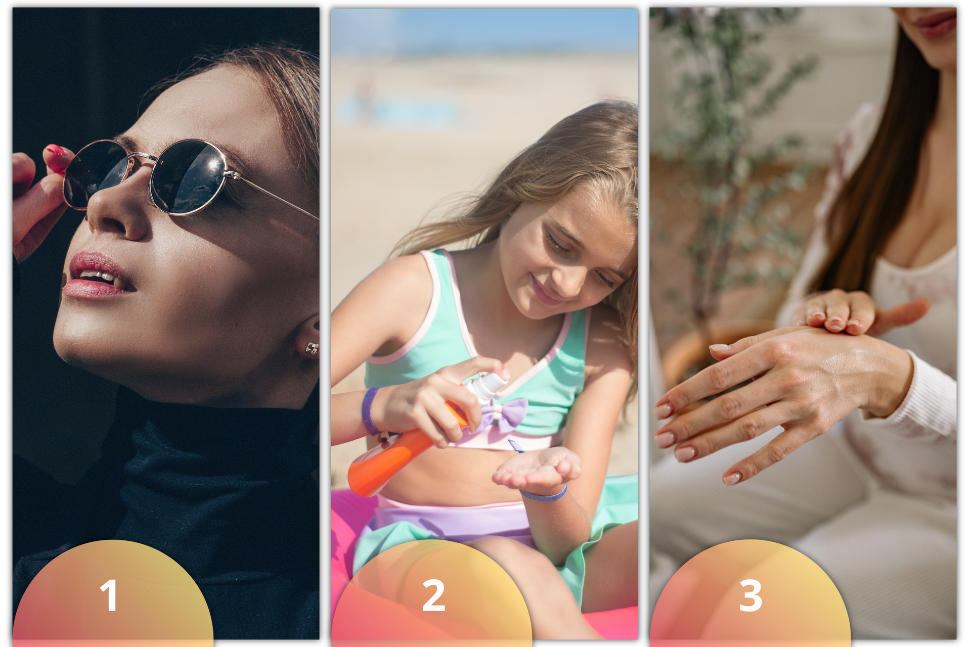 Grafika zawiera kolaż trzech ponumerowanych zdjęć. Na pierwszym zdjęciu znajduje się kobieta w okularach przeciwsłonecznych z ciemnymi szkłami. W okularach odbijają się promienie słoneczne. Na drugim zdjęciu widoczna jest dziewczyna siedząca na plaży w ciepły słoneczny dzień. Dziewczynka nakłada na rękę krem. Na trzecim zdjęciu znajdują się kobieta siedząca w pokoju i smarująca dłonie kremem. 