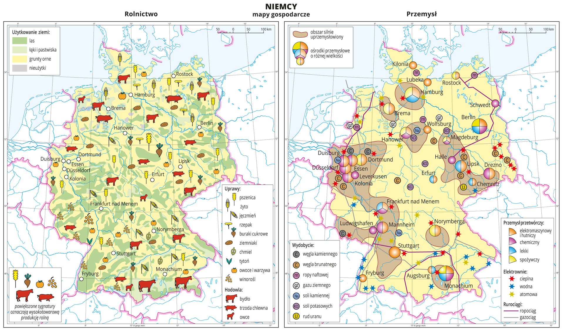 Ilustracja przedstawia dwie mapy gospodarcze Niemiec. Mapa pierwsza – rolnictwo, mapa druga – przemysł. Na mapie rolnictwa przeważa tło w kolorze żółtym (grunty orne), ponadto tło w kolorze jasnozielonym (łąki i pastwiska), zielonym (lasy) i szarym (nieużytki). Na mapie sygnatury obrazujące uprawy (pszenica, żyto, jęczmień, rzepak, buraki cukrowe, ziemniaki, chmiel, tytoń, owoce i warzywa, winorośl) i hodowlę (bydło, trzoda chlewna, owce). W kilku miejscach powiększone sygnatury oznaczają wysokotowarową produkcję rolną. Na mapie przemysłu sygnatury kołowe – ośrodki przemysłowe. Duże w Monachium, Hamburgu, kilkanaście średnich sygnatur i kilkanaście mniejszych. Przemysł elektromaszynowy i hutniczy oraz chemiczny w przewadze, lekki oraz spożywczy. Po kilkanaście elektrowni cieplnych i wodnych oznaczonych kolorowymi gwiazdkami, kilka elektrowni atomowych, ropociągi i gazociągi oznaczone liniami. Sygnaturami oznaczające wydobycie węgla kamiennego, węgla brunatnego, ropy naftowej, gazu ziemnego, soli kamiennej, soli potasowych i rud uranu występują w środkowej części mapy. Dodatkowo brązowymi plamami wyróżniono obszary silnie uprzemysłowione, obejmują one skupiska miast – dużych ośrodków przemysłu. Obie mapy zawierają południki i równoleżniki, dookoła map w białych ramkach opisano współrzędne geograficzne co dwa stopnie.