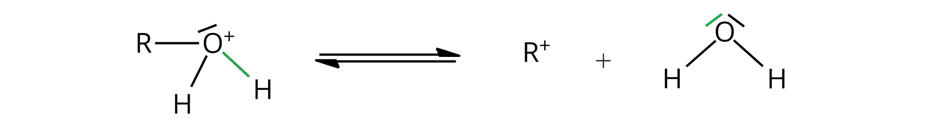Ilustracja przedstawia następujące równanie: cząsteczka ROH2, w której atom tlenu ma jedną wolną parę elektronową i posiada ładunek dodatni po prawej stronie znajdują się dwie poziome strzałki, górna skierowana w prawo, dolna w lewo. Za strzałką R+ oraz cząsteczka wody HOH, w której atom tlenu posiada dwie wolne pary elektronowe.