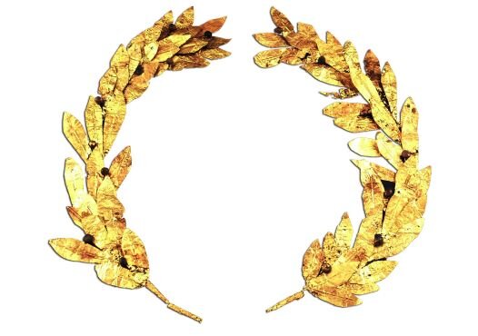 Ilustracja  przedstawia złoty wieniec laurowy. W jego skład wchodzą dwa półokręgi wykonane ze złotych liści. Ułożone naprzeciw siebie tworzą niemal zamknięty okrąg – klasyczny kształt wieńca. Każdy element jest połączony cienkim złotym drucikiem lub łodyżką. 