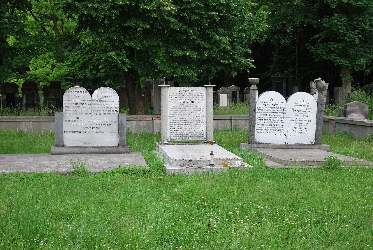 Zdjęcie przedstawia trzy pionowo ustawione, prostokątne płyty kamienne. Płyty stoją na cmentarzu. Płyta po środku zwieńczona jest linią prostą, po lewo i po prawo zwieńczone są dwoma odcinkami koła. Ich górne części wypełniają płaskorzeźby dolną zaś inskrypcja w języku hebrajskim.