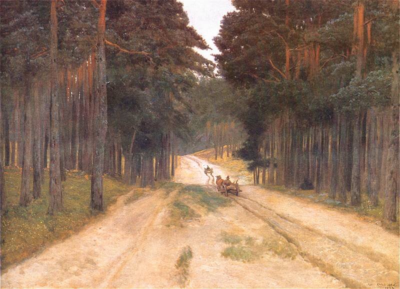 Kliknij, aby powiększyć. Na pierwszym planie widoczna piaszczysta droga, która biegnie w głąb obrazu. Wokół rozciąga się gęsty las. W centrum znajduje się ciągnięty przez konia wóz, który jedzie po drodze. Scena dzieje się w słoneczny jasny dzień.