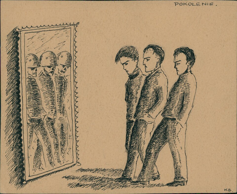 Rysunek czarnym ołówkiem przedstawia trzech mężczyzn stojących z rękami w kieszeniach przed lustrem. Ich twarze wyrażają smutek. W lustrze widzą swoje odbicia żołnierzy w hełmach z trupimi czaszkami zamiast twarzy. W górnym prawym rogu widnieje napis wersalikami „Pokolenie”.