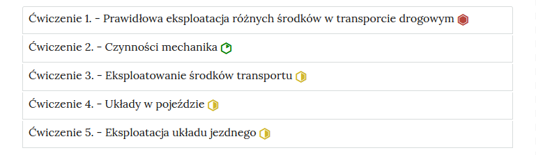 Zrzut ekranu przedstawia przykładowy wygląd zakładek z interaktywnymi materiałami sprawdzającymi. Widoczne jest pięć zakładek z ćwiczeniami, na każdej zakładce jest numer ćwiczenia i jego tytuł. Po tytule widać symbol poziomu trudności danego ćwiczenia. Przykład tekstu na pasku zakładki. Ćwiczenie 1 myślnik Prawidłowa eksploatacja różnych środków w transporcie drogowym.