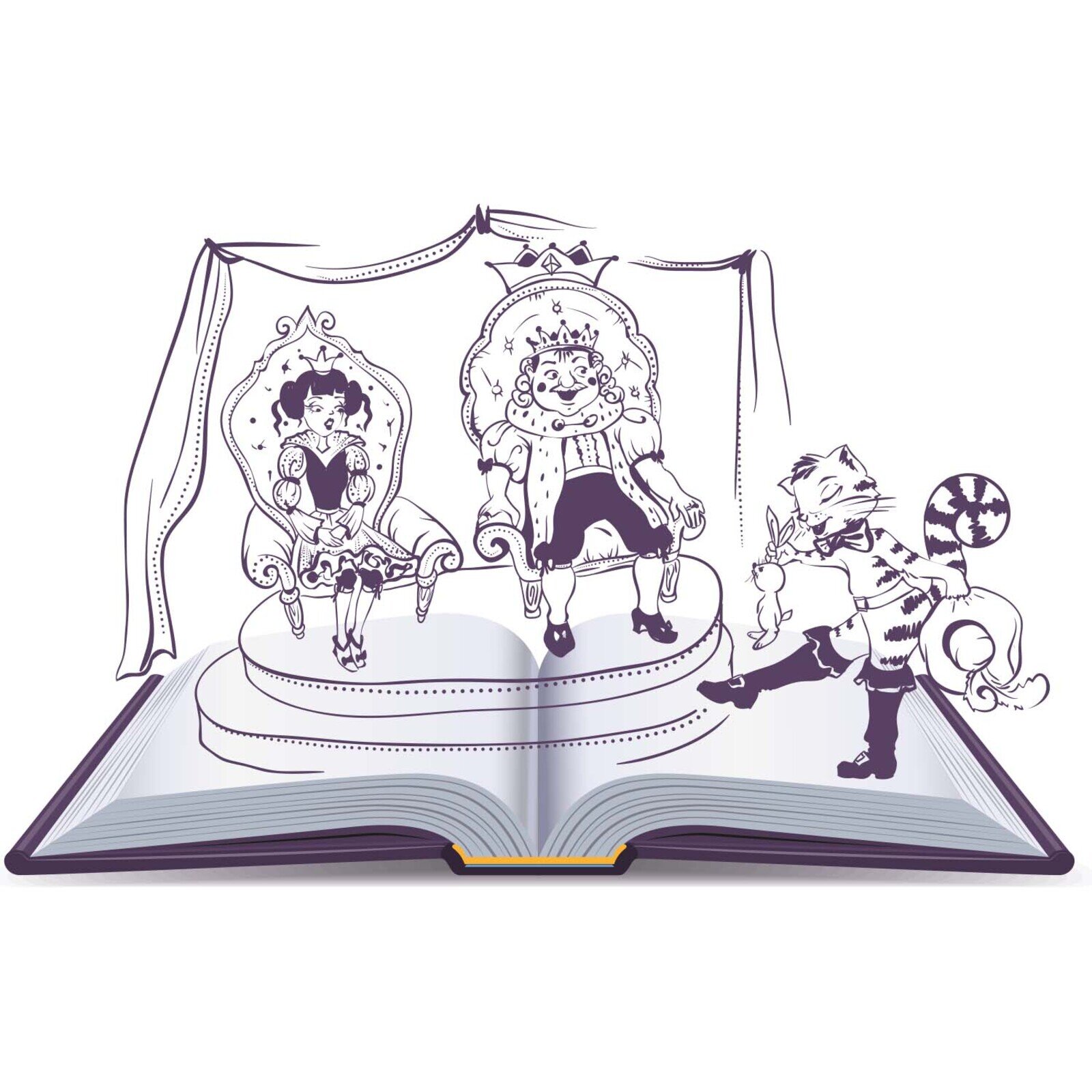 Grafika przedstawia otwartą książkę, z której, w trójwymiarowej formie, wychodzi ilustracja przedstawiające króla i królową siedzący na tronach oraz kota w butach niosącego za uszy zająca, który kłania się parze królewskiej. 