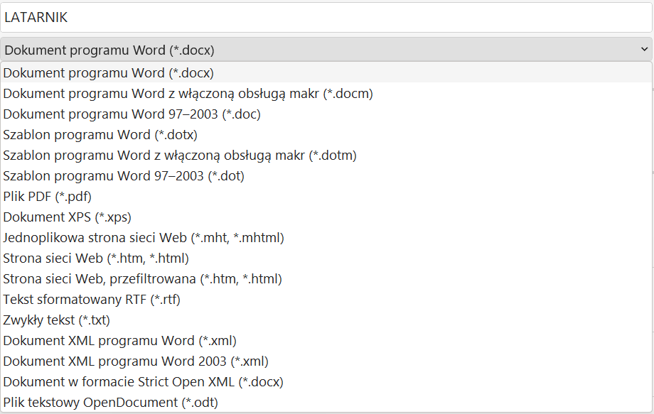 Zrzut okna z formatami zapisu dokumentu tekstowego w programie Microsoft Word. Najważniejsze z nich to: .docx dla dokumentów programu Word; .doc dla dokumentów programu Word 97‑2003; .pdf dla plików PDF; Strona sieci Web .html; Zwykły tekst .txt; 