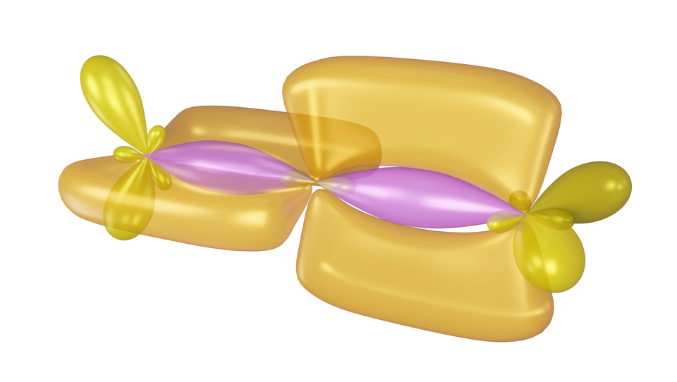 Ilustracja obrazująca, podobnie jak uprzednia, efekt hybrydyzacji atomów w cząsteczce tlenku węgla(cztery) przedstawiony z innej perspektywy. W jednej płaszczyźnie znajdują się orbitale s p, które nakładają się z orbitalami sp indeks górny, dwa, koniec indeksu górnego atomów tlenu. W płaszczyźnie znajdują się również orbital p indeks dolny igrek koniec indeksu atomu węgla oraz orbital p pierwszego atomu tlenu, które dzięki bocznemu nakładaniu tworzą wiązanie pi. Loby orbitalu p indeks dolny zet koniec indeksu z kolei znajdują się ponad płaszczyzną i za płaszczyzną, podobnie jak loby orbitalu p drugiego atomu węgla, które to dzięki bocznemu nałożeniu tworzą drugie wiązanie pi w cząsteczce. Oprócz tego pierwszy atom tlenu posiada dwa orbitale sp indeks górny, dwa, koniec indeksu górnego, na których zlokalizowane są wolne pary elektronowe, jeden z nich wychodzi za płaszczyznę, zaś drugi przed, pomiędzy nimi kąt wynosi około 120 stopni. Drugi atom tlenu również posiada dwa orbitale sp indeks górny, dwa, koniec indeksu górnego, na których zlokalizowane są wolne pary elektronowe, oba znajdują się w płaszczyźnie, a kąt pomiędzy nimi wynosi około 120 stopni.  Nałożone orbitale pomiędzy atomami węgla, które uczestniczą w tworzeniu wiązań sigma, mają kształt wrzecionowaty. Z kolei nałożone bocznie orbitale p mają kształt płaskiego prostopadłościanu z zaokrąglonymi kątami, zwężonym środkiem oraz z wyciętym środkiem w kształcie wrzecionowatym.