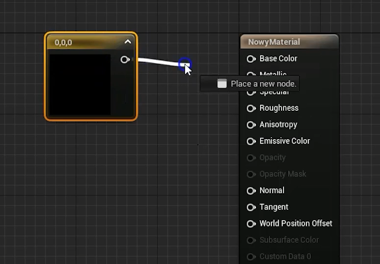 Ilustracja przedstawia tworzenie połączeń między komponentami. Po lewej stronie jest kwadrat otoczony pomarańczową ramką. W górnej części kwadratu jest 0,0,0. Poniżej ikona oznaczająca Place a new node.