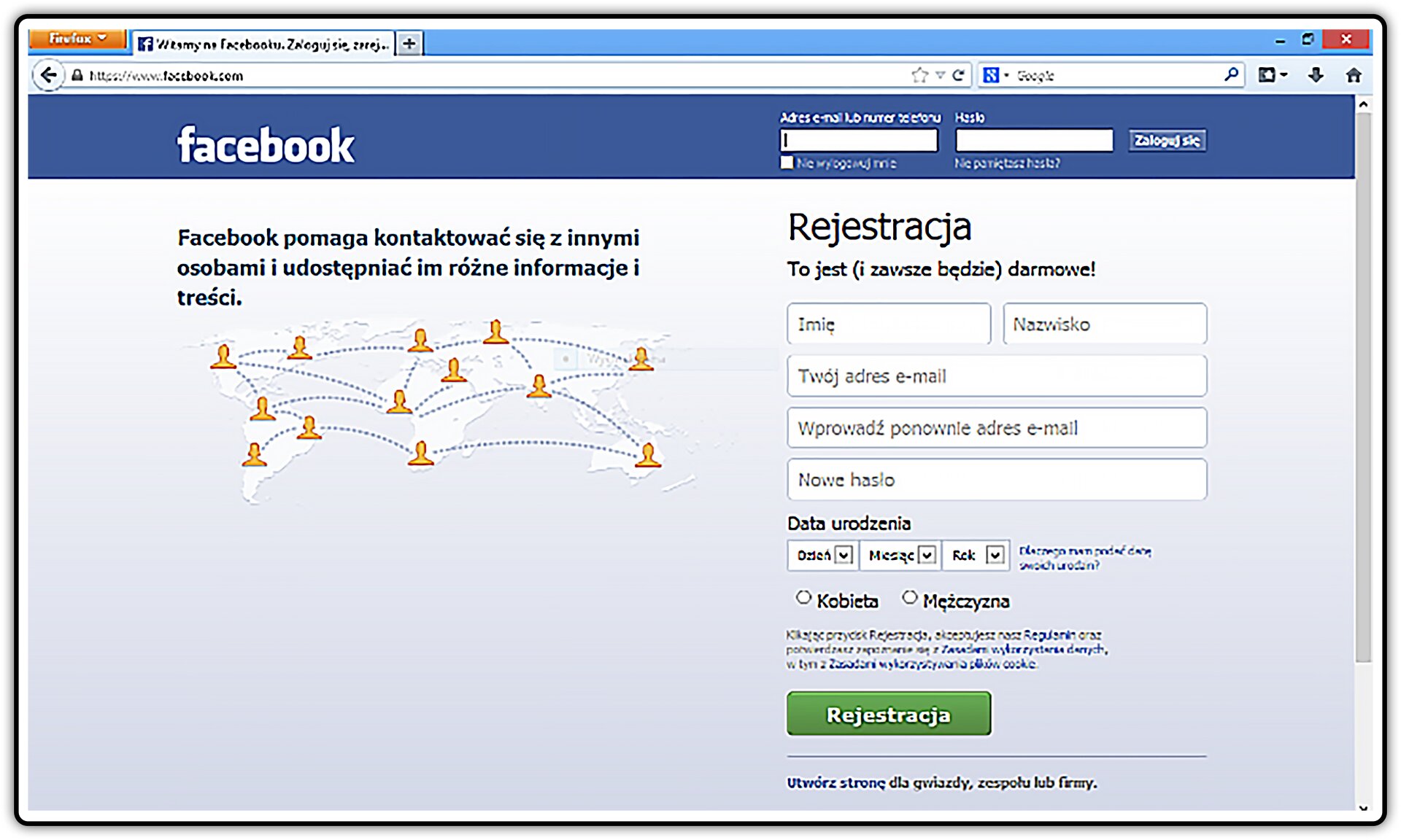 Zrzut okna logowania i rejestracji portalu społecznościowego facebook