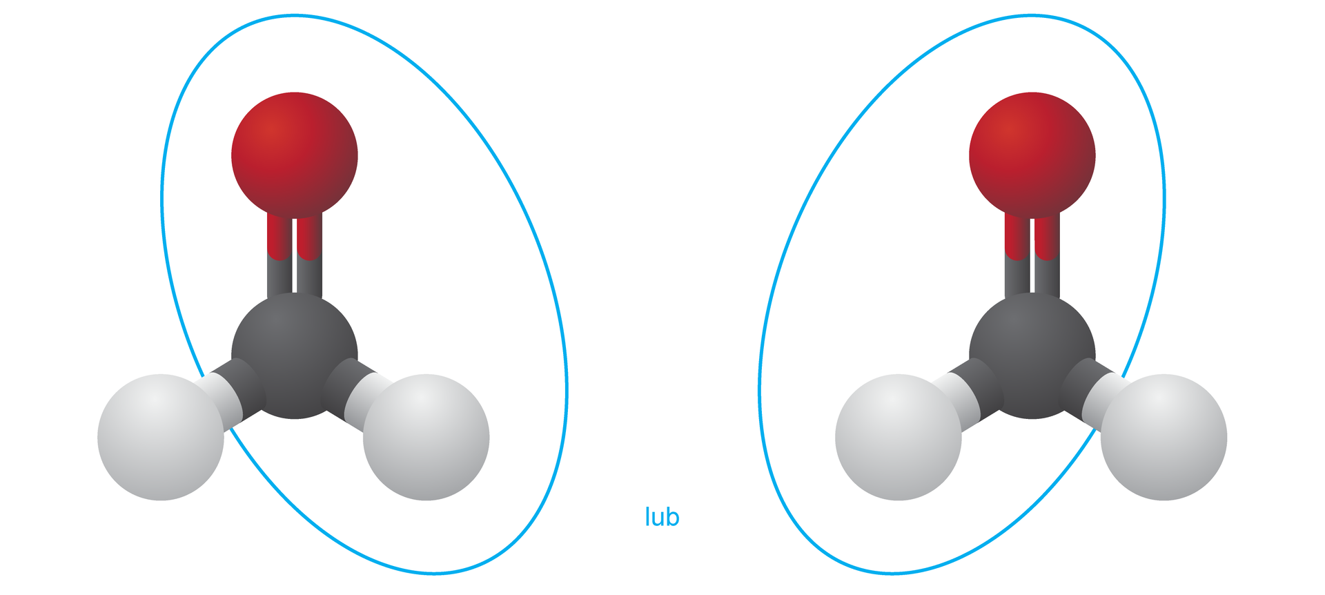 Na ilustracji są dwa identyczne modele cząsteczki metanalu - jedna czarna kulka łączy się u góry wiązaniem podwójnym z czerwoną kulką, na dole z dwiema białymi kulkami. W jednym zakreślono czarną kulkę, czerwoną oraz białą po prawej stronie modelu. W dugim modelu zakreślono czarną kulkę, czerwoną oraz białą po lewej stronie modelu.