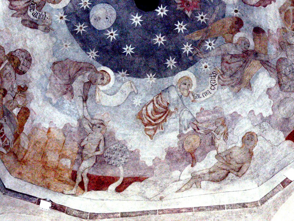 Ilustracja przedstawia fragment wielokątnego fresku. U góry ukazane jest nocne, rozgwieżdżone niebo. Po lewej stronie świeci księżyc w pełni. Ma męską twarz. Wokół niego znajdują namalowane są scenki rodzajowe. Po lewej stronie mężczyzna z nimbem nad głową wyłania się ze sklepienia. Jest to Bóg. Pochyla się nad nagą kobietą. Kładzie dłoń na jej głowie. Kolejna scenka przedstawia Boga podającego coś nagiej kobiecie. Na pierwszym planie ukazana jest ta sama kobieta. Leży, trzymając ręce na brzuchu. Trzecia scena przedstawia anioła błogosławiącego mężczyznę.