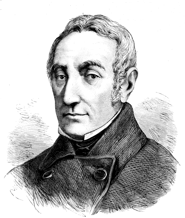 Ilustracja przedstawia portret mężczyzny w sile wieku. Postać ukazana jest od piersi w górę. Mężczyzna prezentuje lewy półprofil. Jego twarz jest owalna. Mężczyzna ma wysokie, gładkie czoło. Włosy mężczyzny są krótkie, zaczesane równo na dwie strony, falują. Ma grube, wyraziste brwi. Oczy postaci są lekko przysłonięte powiekami. Nos mężczyzny jest duży, prosty. Jego usta są wąskie. Mężczyzna ma bokobrody. Jego uszy są duże. Jest ubrany w koszulę z wysokim kołnierzem i wysoko zapiętą marynarkę.