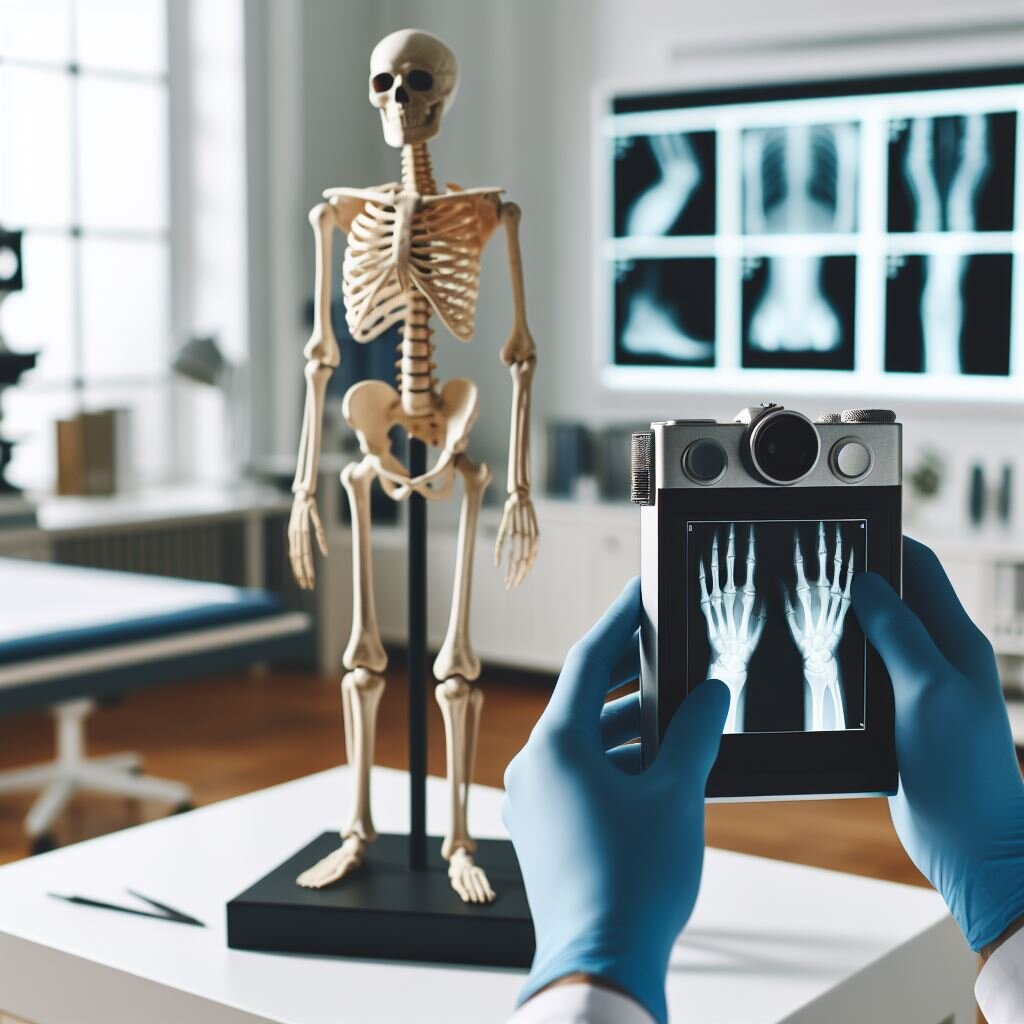 Zdjęcie przedstawia młodą kobietę w białym fartuchu, która trzyma w dłoniach przeglądane przez siebie zdjęcia rentgenowskie. 