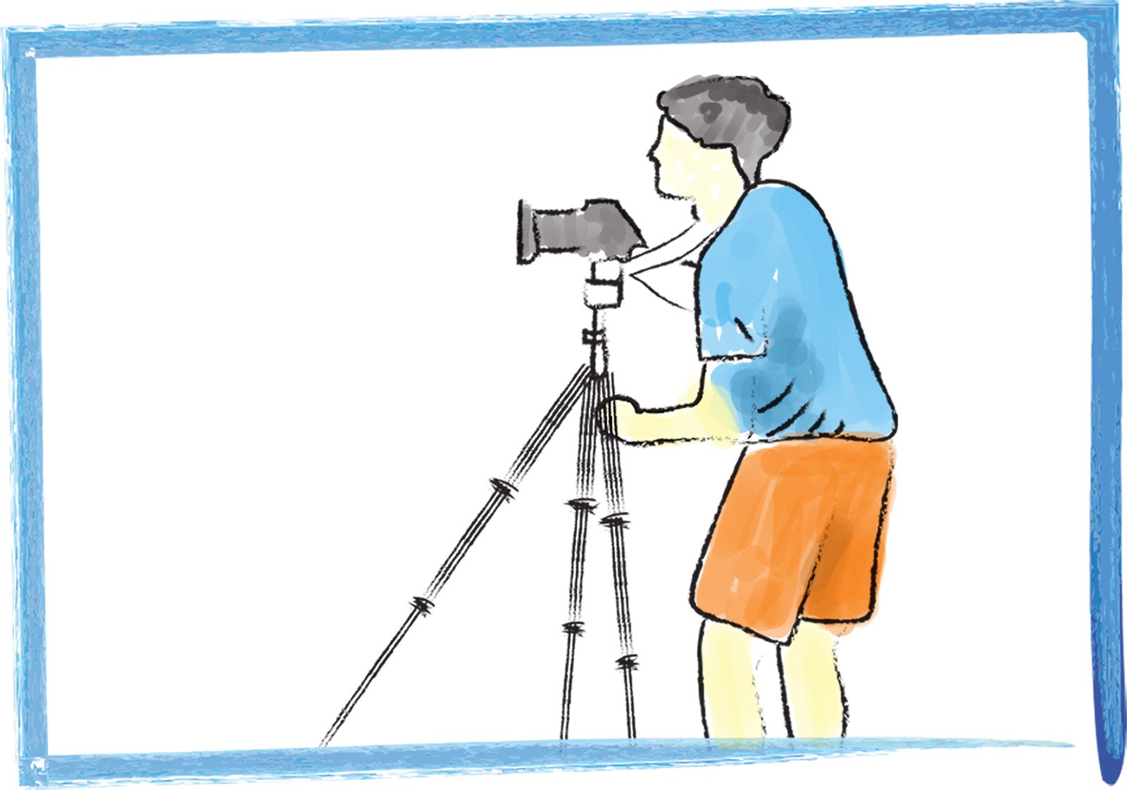 Ilustracja przedstawia wielobarwny rysunek lawowany, na którym znajduje się fotograf stojący przy aparacie fotograficznym umieszczonym na statywie o trzech nogach. Mężczyzna stoi bokiem, prawą ręką trzyma aparat, lewą statyw. Ma lekko ugięte nogi. Tło jest białe.