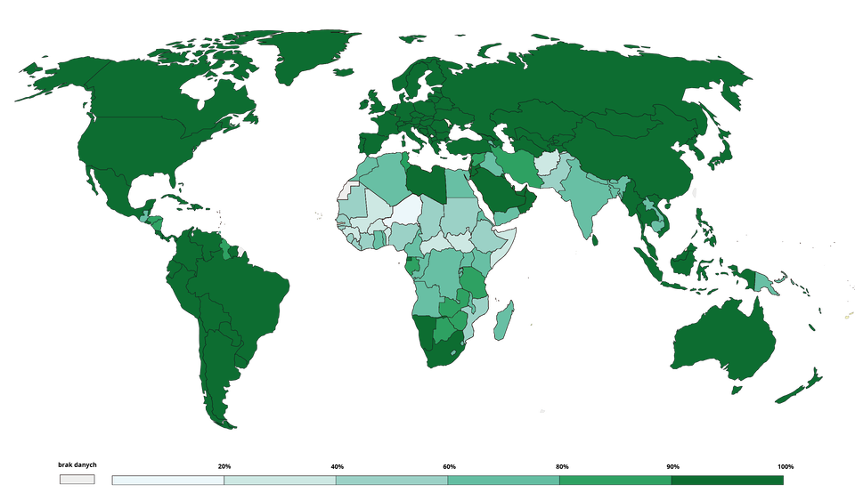 Mapa świata przedstawia odsetek ludności umiejącej pisać i czytać. Od 90 do 100% wynosi w Ameryce Północnej i Południowej, RPA, Namibii, Libii, Arabii Saudyjskiej, Omanie, Europie, Rosji, Azji Środkowej i Wschodniej, Australii, Nowej Zelandii. Od 80 do 90% występuje w Iranie, Zimbabwe, Zambii, Botswanie, Tanzanii, Ameryce Łacińskiej. Od 60 do 80% występuje w Maroku, Algierii, Egipcie, Demokratycznej Republice Konga, Angoli, Kenii, Kamerunie, na Madagaskarze, w Indiach, Papui Nowej Gwinei. Od 40 do 60% występuje w Nigerii, Czadzie, Sudanie, Etiopii, Mozambiku, Pakistanie. Od 20 do 40% występuje w Mali, Somalii, Sudanie Południowym. Niższe wartości występują w Czadzie, Afganistanie.
