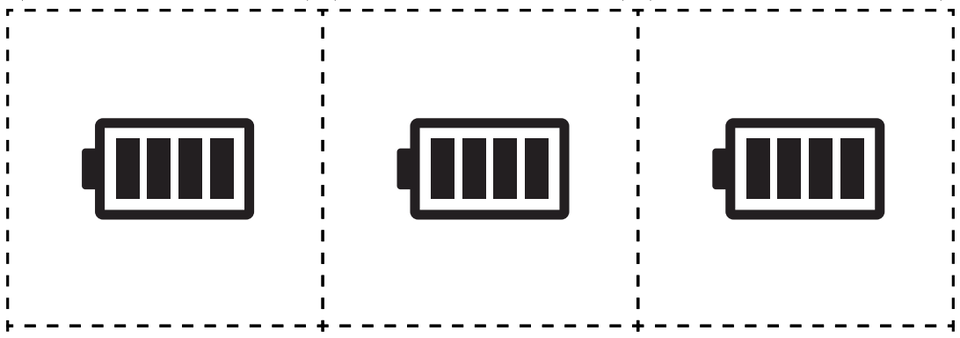 Trzy jednakowe ikony baterii są ułożone w jednym rzędzie, każda w osobnym polu zaznaczonym przerywaną linią. Każda bateria przedstawia symbol z poziomymi słupkami w środku, sugerujący poziom naładowania. Wszystkie trzy baterie wyglądają identycznie i są wypełnione czterema czarnymi słupkami, co wskazuje na pełne lub wysokie naładowanie.