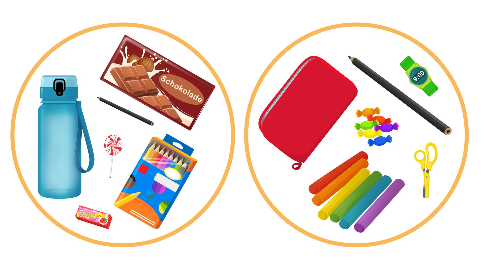 Ilustracja przedstawia dwa koła. W jednym znajdują się: czekolada, niebieska butelka na wodę, kredki, lizak, guma i czarny ołówek. W drugim znajdują się: czerwony piórnik, plastelina, zegarek, cukierki, nożyczki i czarny ołówek.