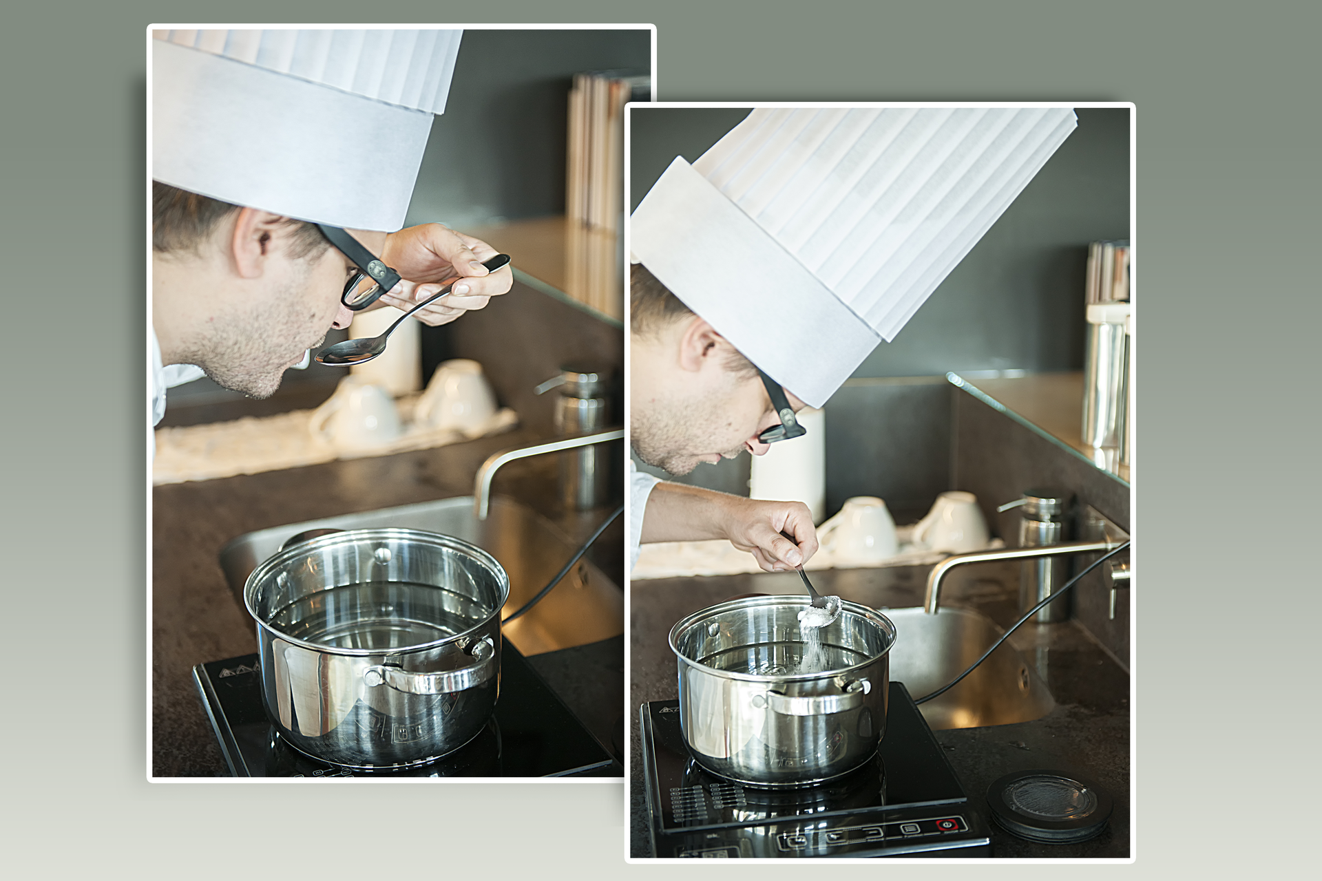 Ilustracja składa się z dwóch zdjęć umieszczonych obok siebie. Na pierwszym zdjęciu mężczyzna kucharz stojący przy kuchni próbuje metalową łyżką przeźroczystej substancji znajdującej się w metalowym garnku stojącym na kuchence. Na drugim zdjęciu kucharz w tej samej scenerii dodaje do garnka łyżkę białego proszku.