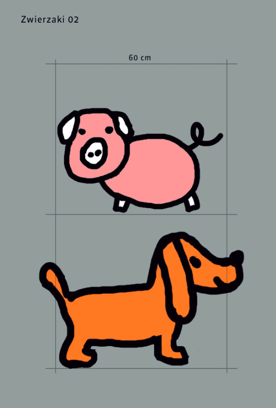 Ilustracja ukazuje projekt komputerowy zwierząt będących rekwizytami do przedstawienia teatralnego. Na szarym tle ukazana jest świnka, a pod nią piesek. Zwierzęta wpisane są w wyrysowaną siatkę. Wypełnia je płaska plama barwna z czarnym konturem. Świnia jest różowa, prócz ryjka, uszu i łap, które są białe. Pies jest ciemnopomarańczowy.