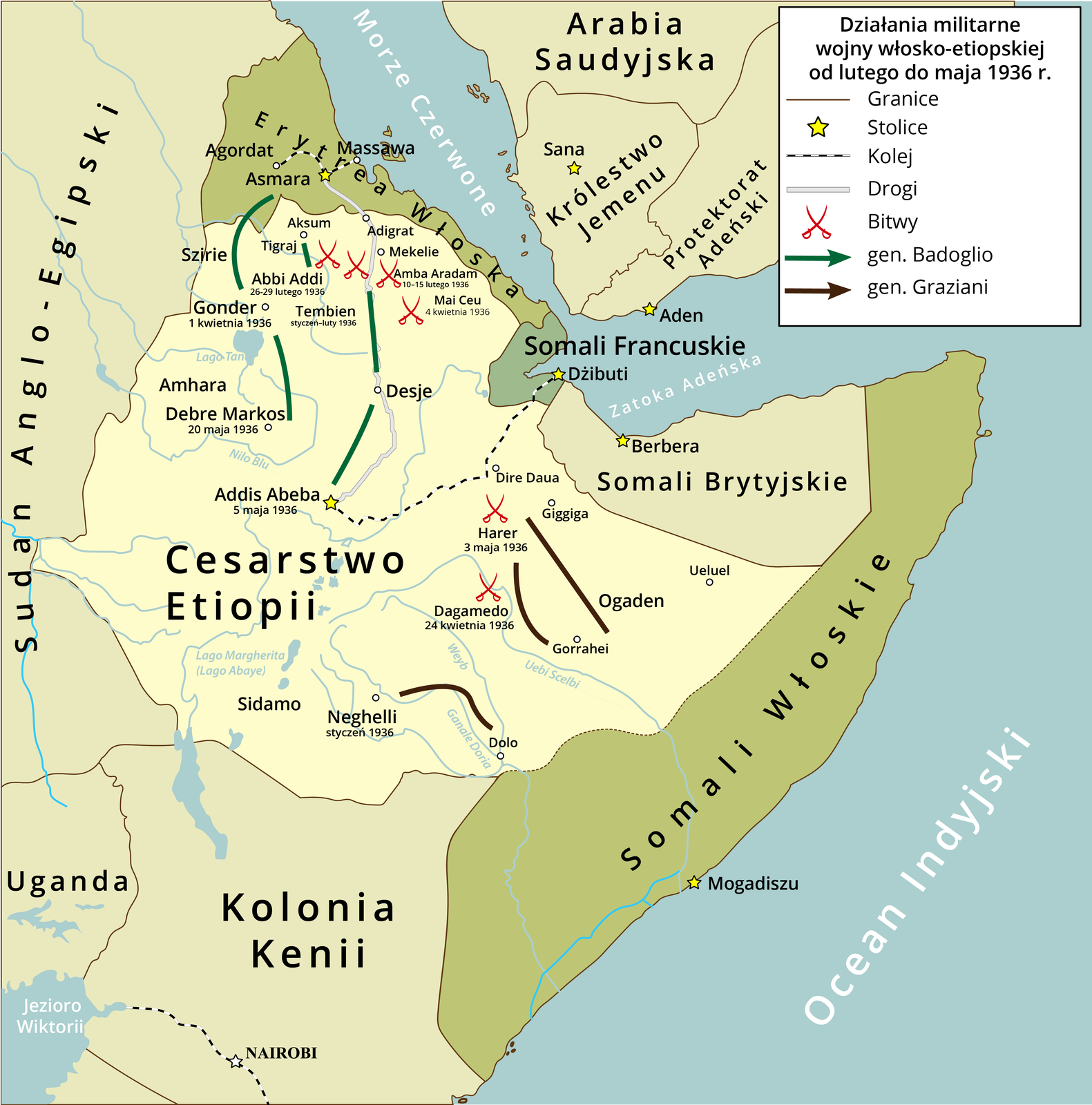 Mapa przedstawia działania militarne wojny włosko-etiopskiej od lutego do maja 1936 roku. Na mapie zaznaczono Cesarstwo Etiopii (stolica Addis Abeba), które graniczy od wschodu z Sudanem Anglo-Egipskim, na południu z Ugandą i kolonią Kenii ze stolicą w Nairobi, na południowym wschodzie z Somalią Włoską ze stolicą w Mogadiszu. Na północy z Somalią Brytyjską ze stolicą w Berberze, Somalią Francuską ze stolicą w Dżibuti i Erytreą Włoską ze stolicą w Asmarze. Po drugiej stronie Morza Czerwonego zaś znajduje się Arabia Saudyjska, Królestwo Jemenu ze stolicą w Sana i Protektoratem Adeńskim ze stolicą w Aden. Jedna trasa kolei prowadzi od miasta Asmara do miasta Massawa w Erytrei Włoskiej. Druga, dużo dłuższa, od miasta Addis Abeba w Cesarstwie Etiopii na północ, do miasta Dżibuti stolicy Somalii Francuskiej, mieszczącego się na wybrzeżu Morza Czerwonego w Zatoce Adeńskiej. Na mapie zaznaczono także drogę, która prowadzi ze stolicy Erytrei Włoskiej - Asmary na południe do miasta Addis Abeba w Cesarstwie Etiopii. Pas przygraniczny z Erytreą Włoską na terenie Cesarstwa Etiopii stanowił obszar działań wojennych generała Badoglio (pas pomiędzy miastami Debre Markos, Gonder i Asmara) oraz Addis Abeba przez Desje w okolicę granicy z Erytreą. Na mapie zaznaczono miejsce bitew pod Abbi Addi (26-29 lutego 1936), Gonder (1 kwietnia 1936), Tembien (styczeń-luty 1936), Amba Aradam (10-15 lutego 1936), Mai Ceu (4 kwietnia 1936), Debre Markos (20 maja 1936). Ruchy wojsk generała Graziani prowadziły od granicy z Somalią Włoską z okolic miasta Dolo do Miasta Neghellia (bitwa w styczniu 1936), od miasta Gorrahei do miasta Dagamedo (bitwa 24 kwietnia 1936), od miasta Ogaden do miasta Giggiga i Harer (bitwa 3 maja 1936). 