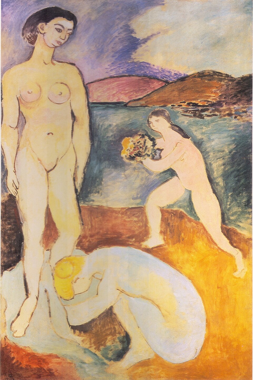 Ilustracja przedstawia obraz Henriego Matisse’a „Przepych I” o kształcie pionowego prostokąta. Ukazuje trzy nagie kobiety na tle pejzażu. Na pierwszym planie, na piaszczystym brzegu rzeki stoi kobieta, której nogi wyciera pochylona, druga postać. Za nimi brzegiem biegnie kobieta z bukietem kwiatów w dłoni. Za pasem niebiesko‑białej rzeki rozciąga się górzysty pejzaż. Niebo w tle jest fioletowo‑białe. Postacie i elementy pejzażu obwiedzione są ciemną, konturową linią. 