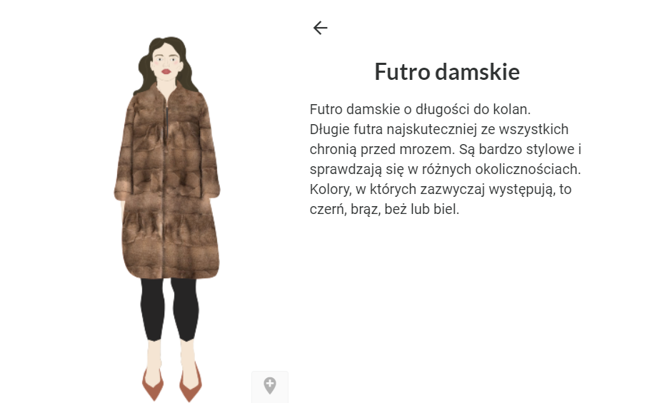 Grafika przedstawia przykładowy widok na zakładkę atlasu interaktywnego, w której zaprezentowane jest futro damskie wraz z opisem.