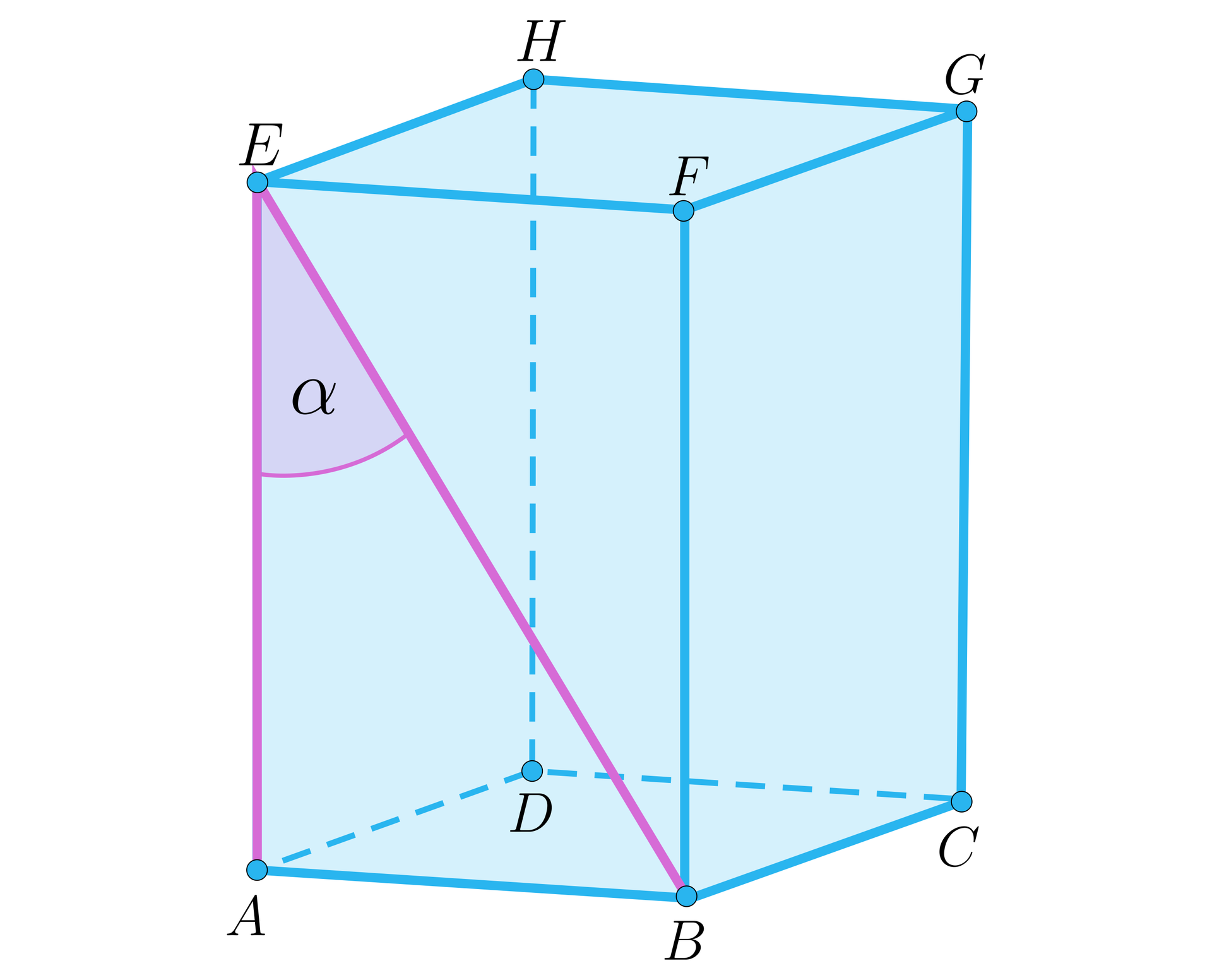 Ilustracja przedstawia prostopadłościan. Zaznaczono na nim kąt AEB o mierze alfa między wysokością a przekątną ściany bocznej graniastosłupa.