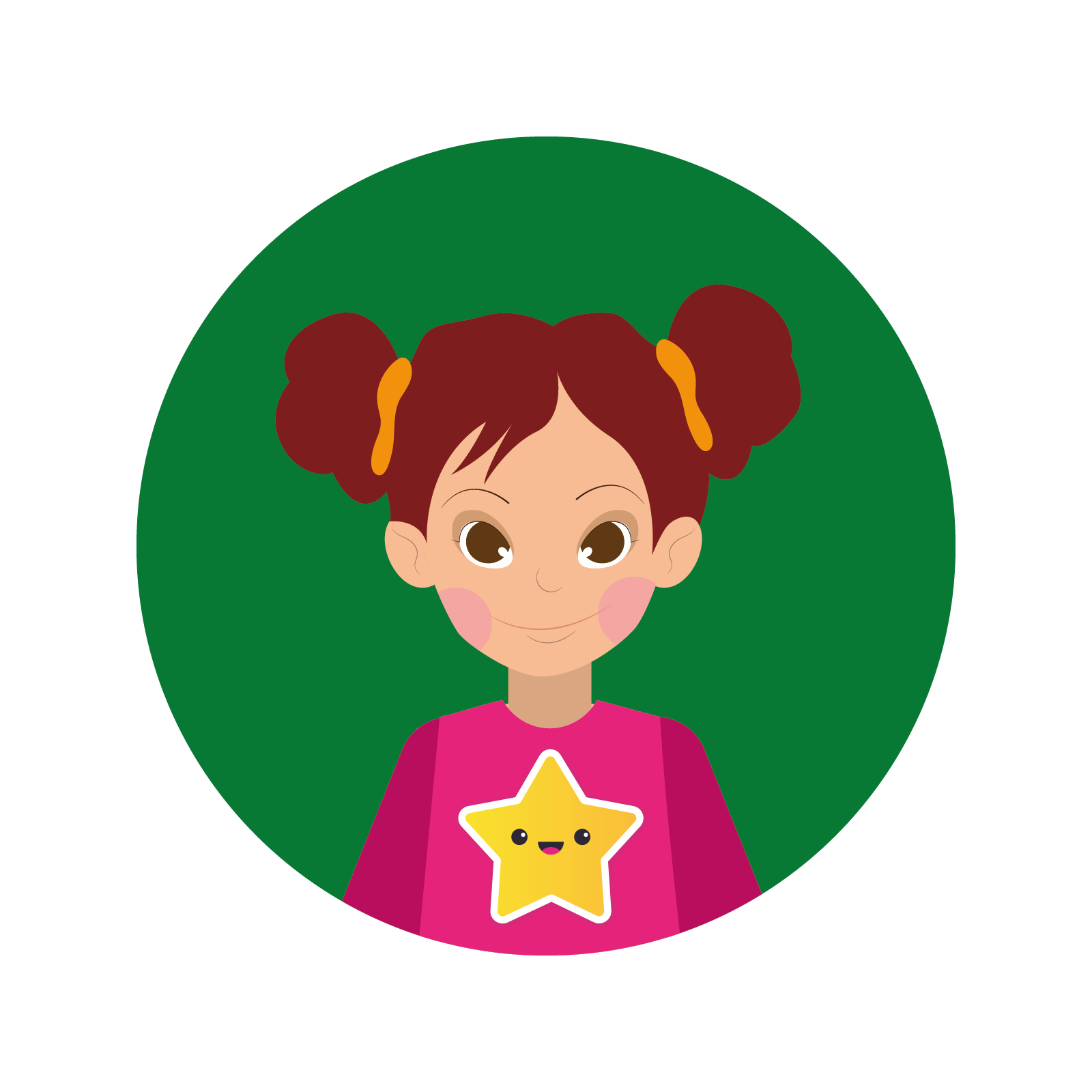 Ilustracja przedstawia dziewczynkę w różowej koszulce ze złotą, uśmiechniętą gwiazdką. 