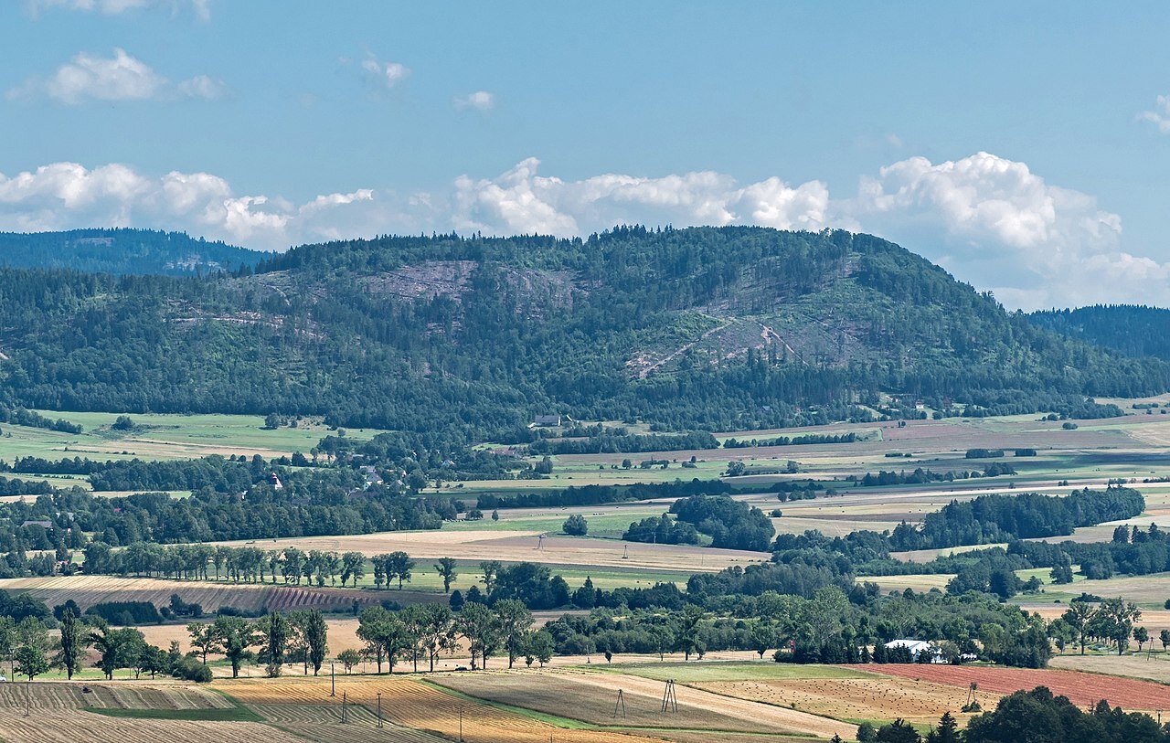 Na fotografii znajduje się krajobraz Sudetów. W centralnej części zdjęcia widać zaokrąglony szczyt porośnięty w większości drzewami. U podnóża znajdują są lasy, łąki, pola uprawne.