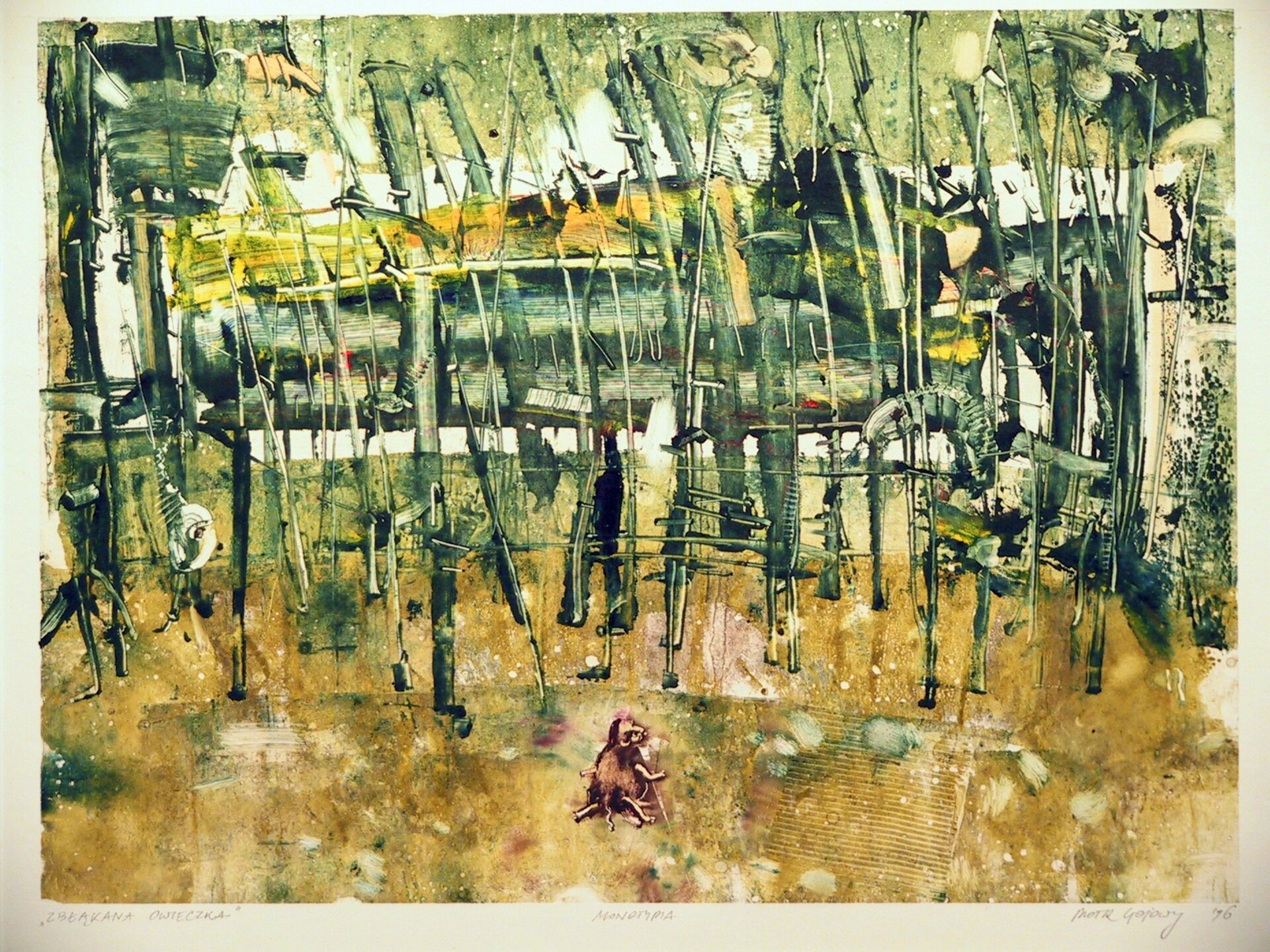 Ilustracja przedstawia obraz Piotra Gojowego „Zbłąkana owieczka”. Ukazuje abstrakcyjnie namalowany pejzaż z zielonymi drzewami. Na żółtej polanie siedzi mała owca.