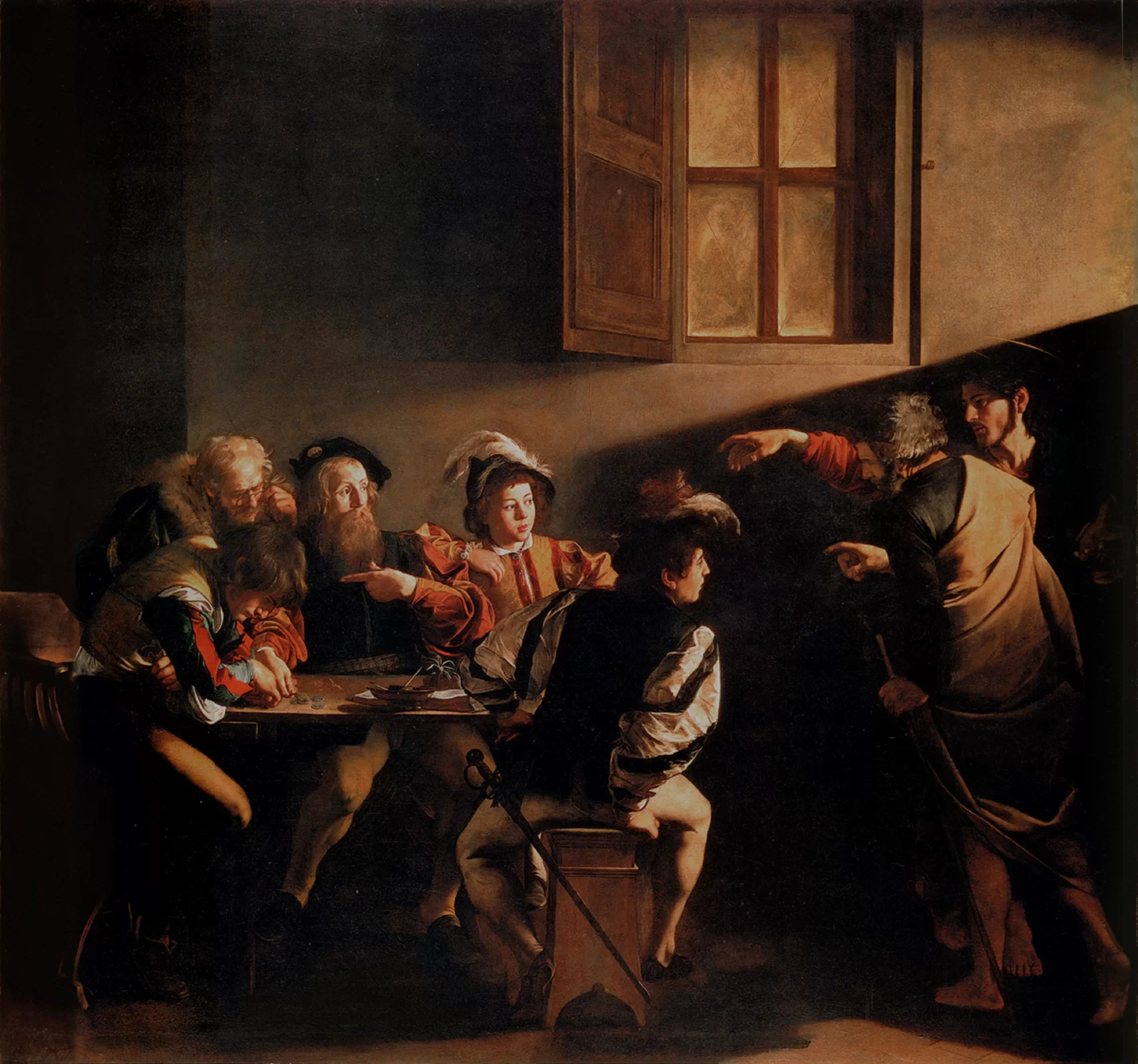 Ilustracja przedstawia obraz Caravaggia „Powołanie św. Mateusza”. Scena ukazuje poborcę podatkowego Mateusza, siedzącego za stołem wraz z grupą osób. Do piwnicznego wnętrza wchodzi Jezus w towarzystwie świętego Piotra. Obydwaj wyciągają ręce w tym samym geście, wskazując na Mateusza. Mateusz jest zaskoczony, wskazuje palcem na swoją pierś. Dwaj starsi celnicy zajęci są liczeniem pieniędzy. Młodsi, siedzący po prawej stronie patrzą w stronę Jezusa. Nad Chrystusem i Piotrem przebiega słup światła i pada w stronę Mateusza. Na tle jasnej plamy światła znajduje się okno z otwartą okiennicą.