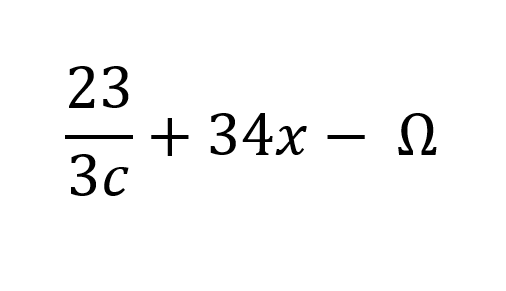 Zrzut ekranu przedstawia równanie: 23/3c+34x‑Ω