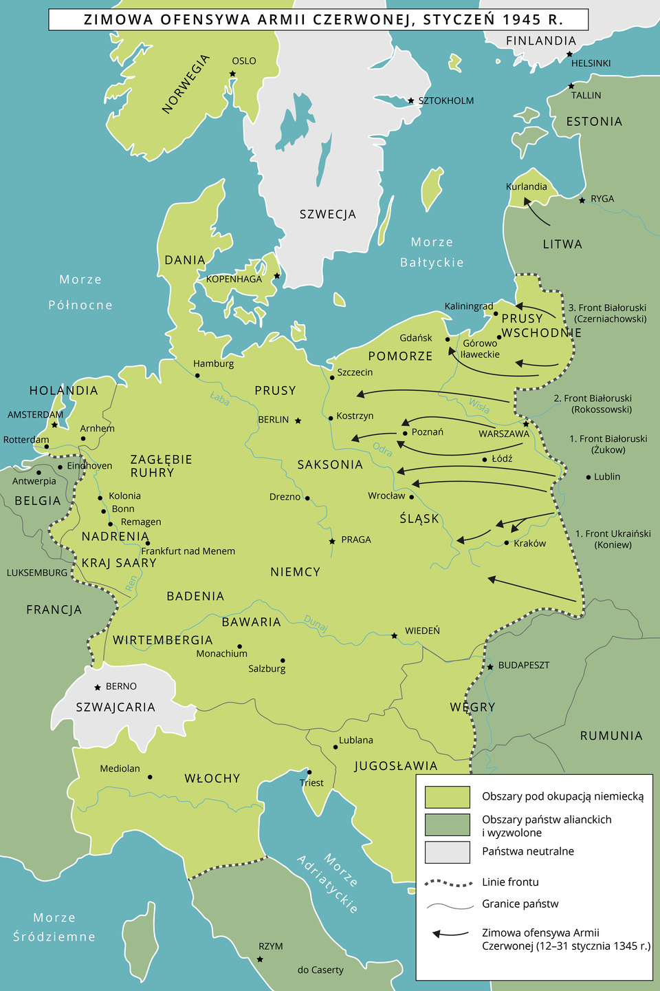 Ilustracja przedstawia zimową ofensywę Armii Czerwonej w styczniu 1945 roku. W wyniku ofensywy wojska sowieckie ruszyły na zachód przekraczając granicę w Polską. Na północy trzeci Front Białoruski (Czerniachowski) ruszył na Prusy Wschodnie w okolicach Kaliningradu. Drugi Front Białoruski (Rokossowski) oraz Pierwszy Front Białoruski (Żuków) ruszył w stronę Warszawy, a dalej na Poznań, Pierwszy Front Ukraiński (Koniew) zaatakował w stronę Krakowa. W Wyniku tej ofensywy wszystkie Fronty dotarły do linii Odry w rejonie Kostrzyna. W tym samym czasie alianci Zachodni starali się forsować linię rzeki Ren.