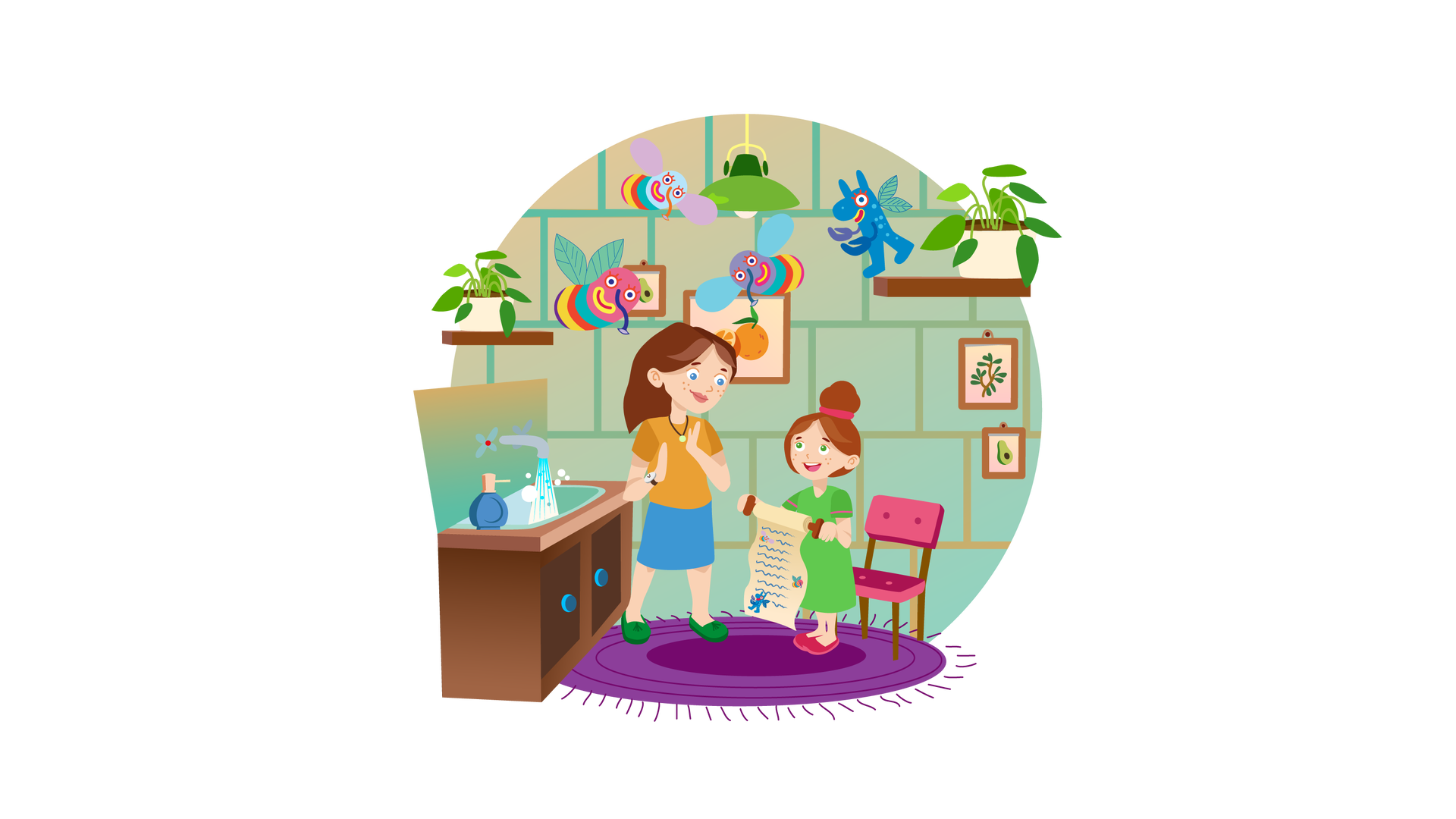 Ilustracja przedstawia kuchnię. W tle widać ścianę wyłożoną ciemnozielonymi płytkami. Wiszą na niej cztery obrazki w brązowych ramkach. Jeden obrazek przedstawia pomarańczę z dwoma zielonymi listkami i opartą o nią połowę drugiej pomarańczy. Drugi obrazek przedstawia brązową gałązkę z licznymi zielonymi listkami. Dwa kolejne obrazki przedstawiają połowę awokado z brązową pestką. Po lewej stronie ściany wisi brązowa półka, na której stoi zielona roślina w beżowej donicy. Po prawej stronie jest taka sama, ale nieco większa półka. Na niej również stoi zielona roślina w beżowej donicy. Z sufitu zwisa zielona lampa. Po lewej stronie, pod ścianą, znajduje się brązowa szafka ze zlewem. Na szafce stoi ciemnoniebieski pojemnik mydła z dozownikiem. Nad szafką jest srebrny kran, z którego leci woda. Obok szafki, na środku pomieszczenia, leży okrągły fioletowy dywan z frędzlami. Po prawej stronie dywanu stoi różowe krzesło, a obok niego dziewczynka. Ma brązowe włosy upięte w wysoki kok. Jest ubrana w zieloną sukienkę z krótkimi rękawami i ciemnoróżowe buty. W rękach trzyma częściowo rozwinięty rulon papieru, na którym widać tekst i obrazki. Pokazuje go swojej mamie, która stoi przy szafce kuchennej. Kobieta ma brązowe włosy i jest ubrana w pomarańczową bluzkę z krótkimi rękawami, niebieską spódnicę do kolan i ciemnozielone buty. Na szyi ma naszyjnik, a na prawym nadgarstku zegarek. Patrzy na tekst napisany przez córkę i klaszcze w dłonie. Nad kobietą unoszą się cztery wielokolorowe bajkowe stworki ze skrzydłami.