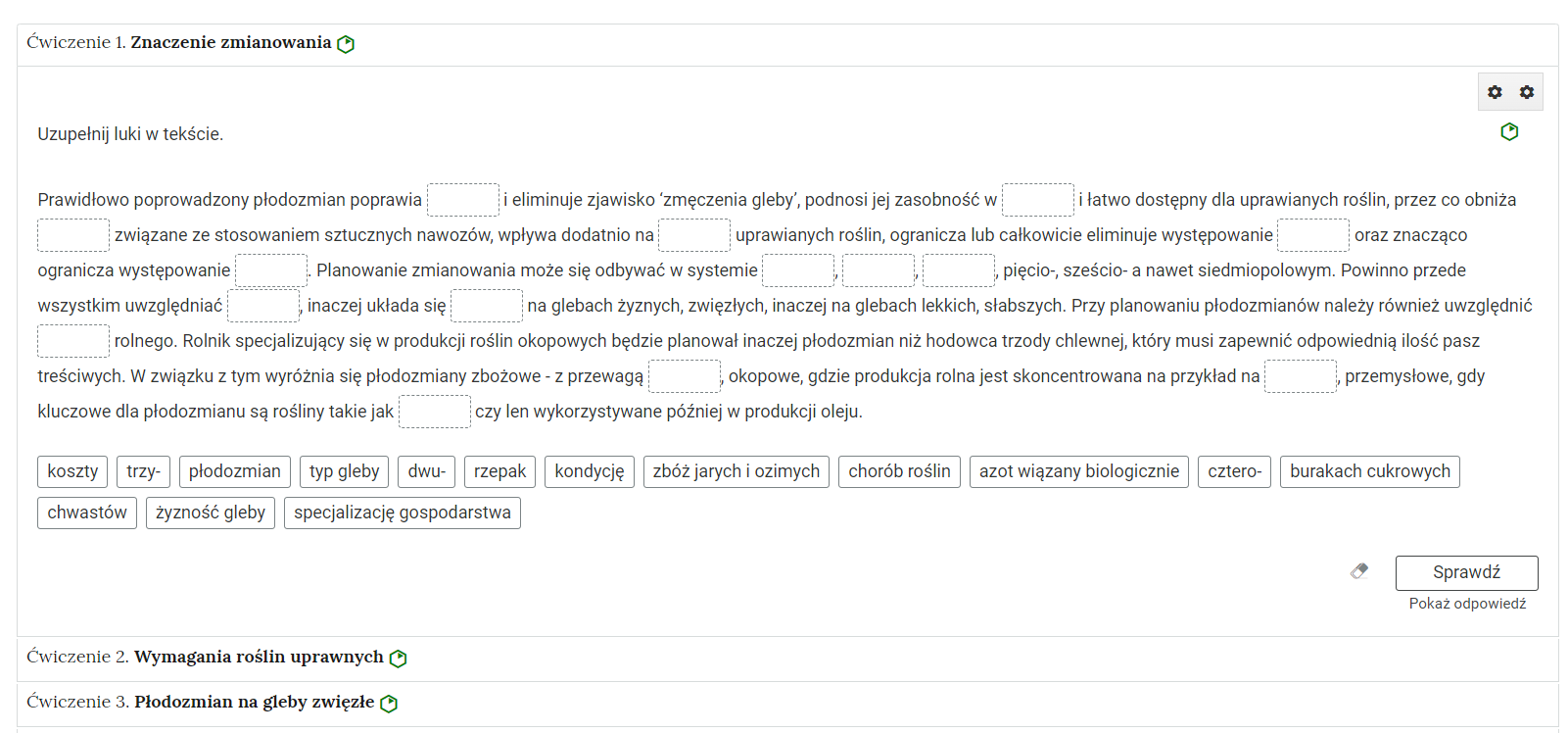Grafika przedstawia widok ogólny harmonii z interaktywnymi materiałami sprawdzającymi. Widoczne są trzy ćwiczenia z tytułami i jednym poziomem trudności. Zostało wybranie ćwiczenie pierwsze. Poniżej widoczna jest treść zadania. 