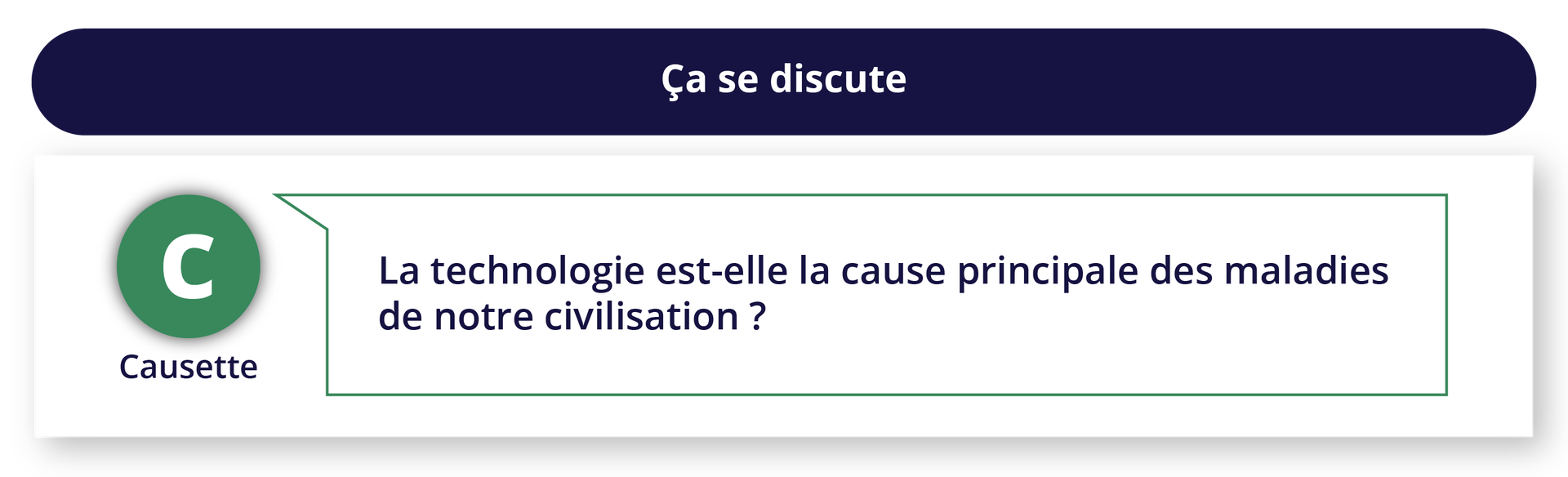 Ilustracja zatytułowana Ça se discute zawiera pojedynczą wiadomość czatu od osoby podpisanej Causette o treści: La technologie est‑elle la cause principale des maladies de notre civilisation?