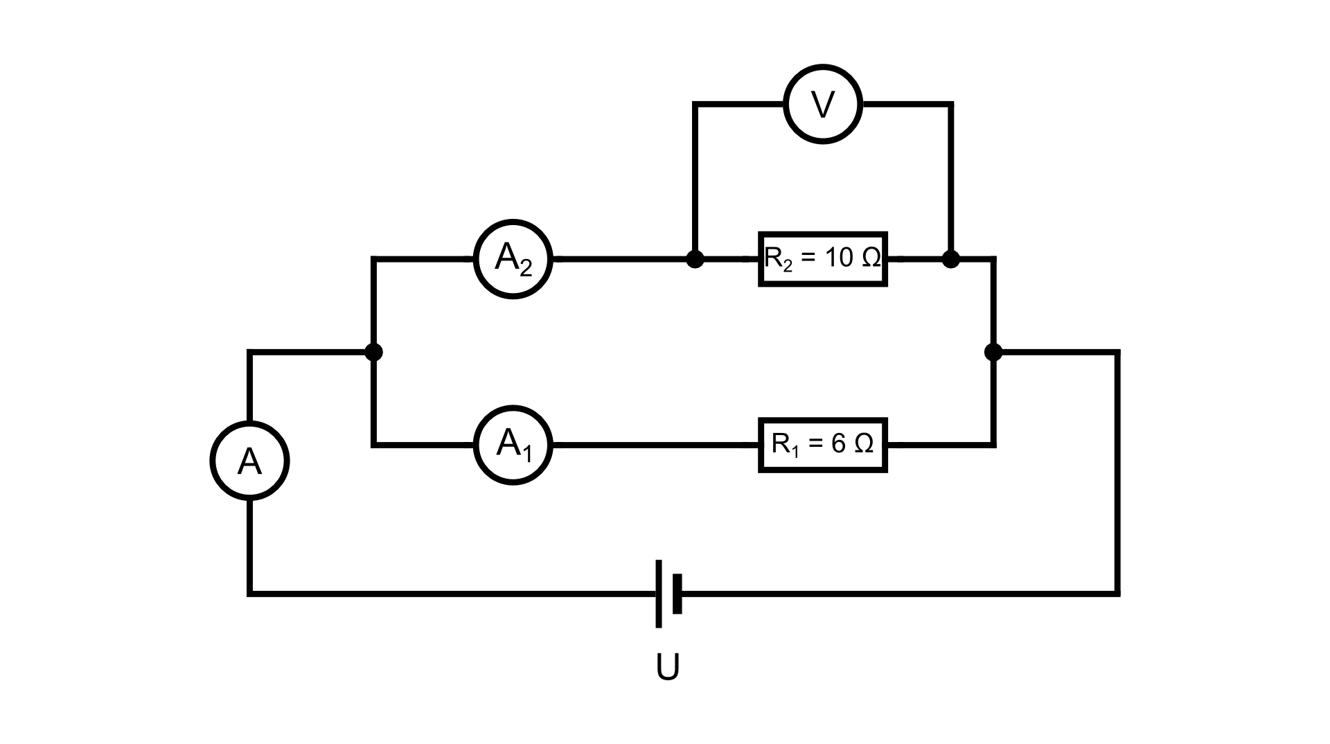 Ilustracja przedstawia schemat obwodu elektrycznego. Od źródła prądu wychodzi przewód, na którym znajduje się amperomierz, następnie przewód poprzez węzeł rozdziela się na  dwa przewody biegnące równolegle do siebie. Na pierwszym takim przewodzie znajduje się amperomierz A z indeksem dolnym 1 oraz opornik R z indeksem dolnym 1 o oporze sześciu omów. Na drugim przewodzie znajduje się amperomierz A z indeksem dolnym 2 oraz opornik R z indeksem dolnym 2 o oporze dziesięciu omów do którego równolegle przypięty jest woltomierz. Następnie obydwa przewody łączą się ze sobą i wracają do źródła zasilania.  