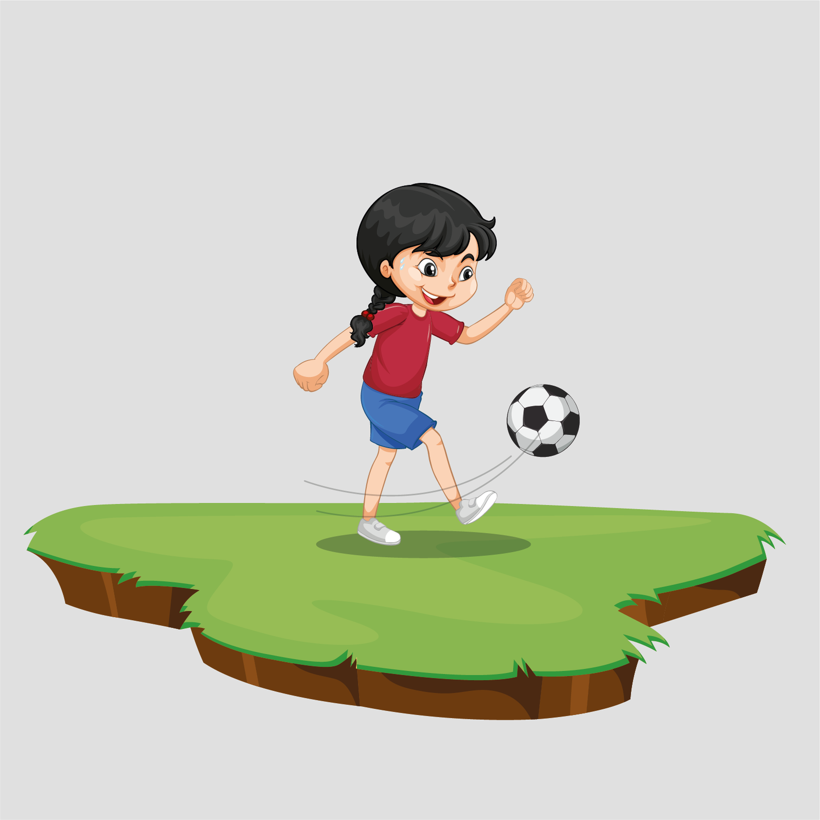 Ilustracja przedstawia dziewczynkę kopiącą w piłkę. Dziewczynka ma czarny warkoczyk, czerwoną koszulkę i niebieskie spodenki.