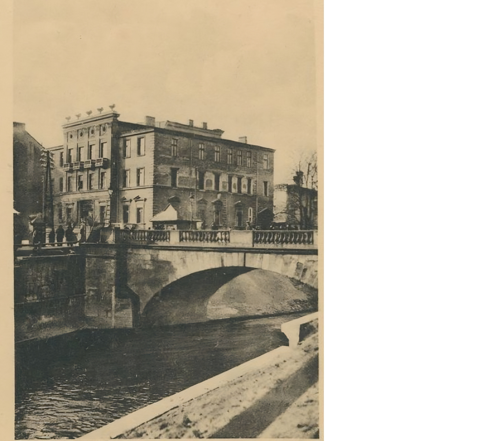 Zdjęcie w sepii, przedstawia neorenesansowy pałac. Dwupiętrowy budynek z prostokątnymi oknami, stojący na wysokim parterze. Widoczne są dwie ściany, frontowa i boczna. Parterowe okna posiadają trójkątne naczółki. Fasada w centralnej części lekko wysunięta i podwyższona, ozdobna, zwieńczona pięcioma rzeźbami Na pierwszym planie kamienny most i przepływająca pod nim rzeka.