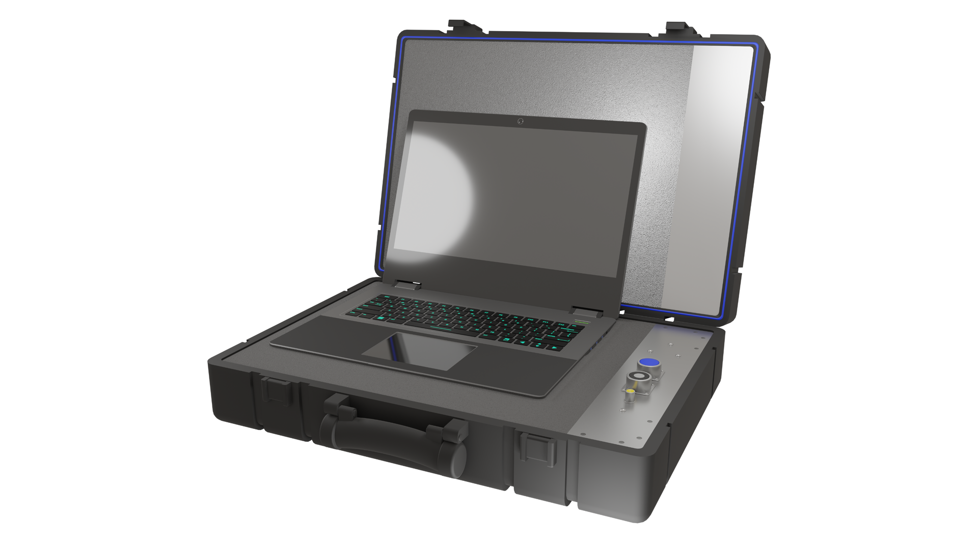 Grafika przedstawia przykładowy Well Analyzer. Urządzenie znajduje się w futerale, w którym również umieszczony jest dopasowany laptop ze specjalistycznym oprogramowaniem. Po jego prawej stronie znajduje się panel z przyciskami oraz wejściami na wtyczki. 