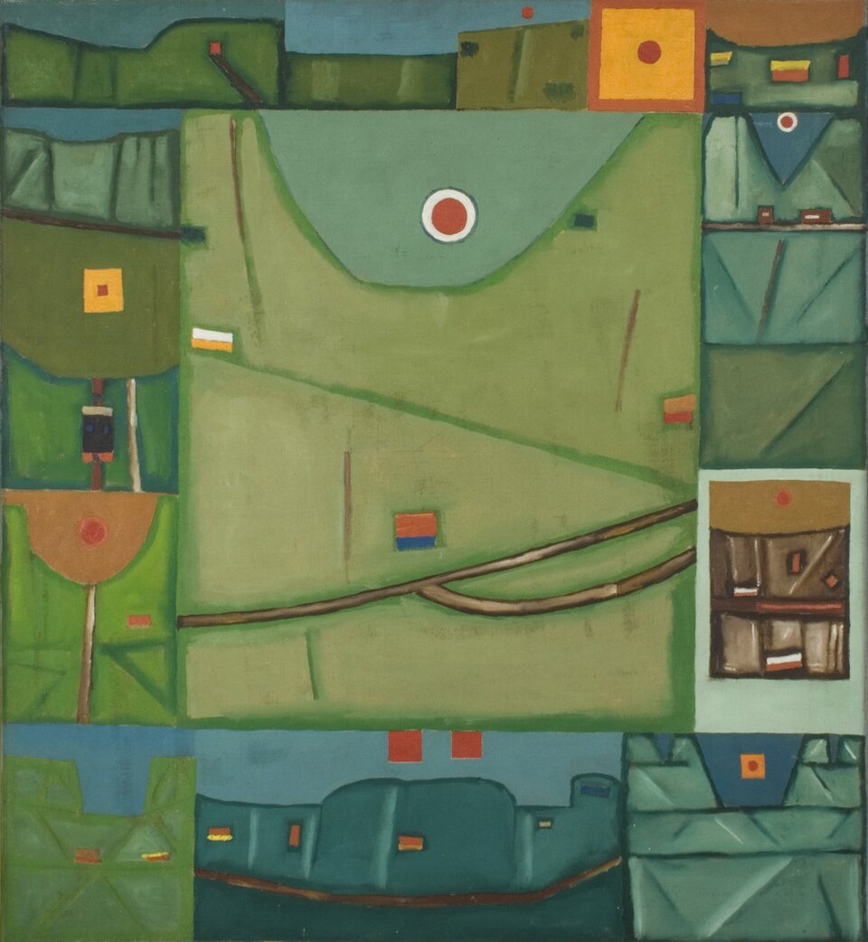 Ilustracja przedstawia obraz Jerzego Nowosielskiego pt. „Wschód słońca w Bieszczadach”. Obraz przedstawia figury geometryczne w różnych kolorach i kształtach, które poprzecinane są liniami. Na obrazie dominuje kolor zielony oraz jego odcienie.