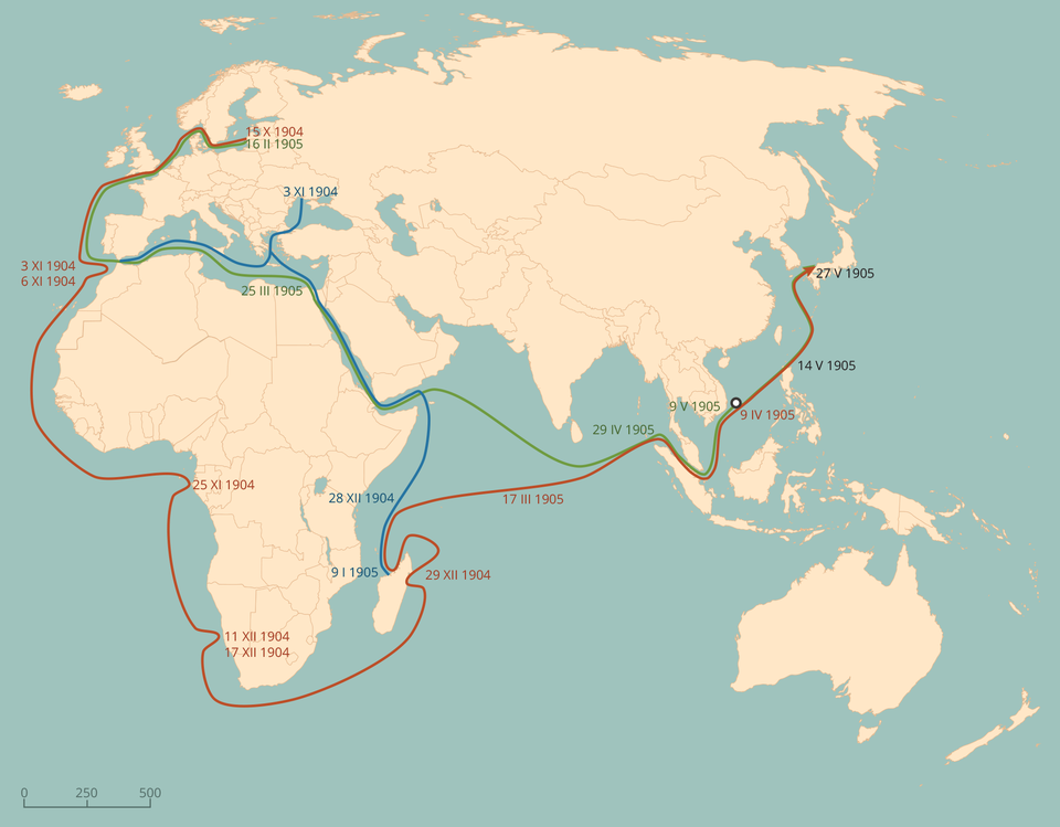 Bitwa pod Cuszimą - trasa floty rosyjskiej.