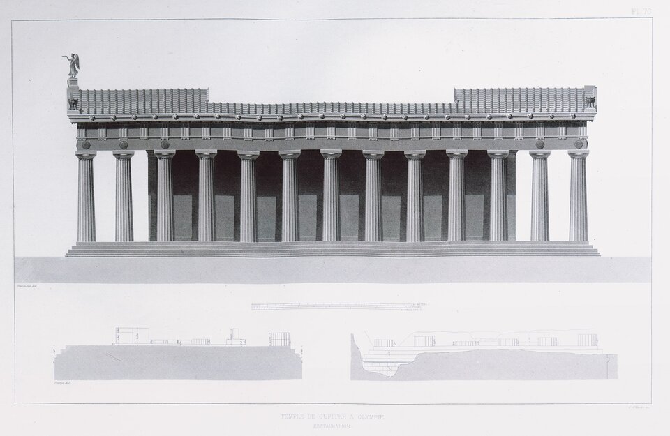 Ilustracja przedstawia szkic bocznej ściany zewnętrznej modelu restauracyjnego świątyni Zeusa Olimpijskiego. Głównym elementem są kolumny wspierające dach, jest ich 13.