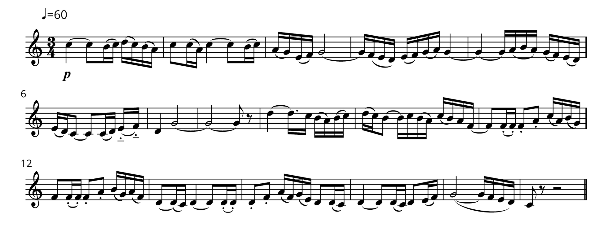 Grafika przedstawia zapis głównego tematu utworu „Bolero [czytaj: bolero]” autorstwa Maurice'a Ravel'a [czytaj: morisa rawela]. Utwór jest napisany w metrum trzy czwarte, w tonacji a‑moll i grany jest w tempie sześćdziesięciu ćwierćnut na minutę. Wszystkie dźwięki znajdują się w obrębie oktaw razkreślnej oraz dwukreślnej i są zapisane w kluczu wiolinowym. W takcie pierwszym na pierwszą miarę zapisano ćwierćnutę c przedłużoną o ósemkę na drugą miarę, a następnie dwie szesnastki: h oraz c, z artykulacją legato. Na trzecią miarę grane są cztery szesnastki: d i c oraz h i a jako dwie frazy. Pod taktem zapisano dynamikę piano. W drugim takcie na pierwszą miarę grana jest ósemka c, a następnie dwie szesnastki: c oraz a, jako jedna fraza. Na drugą miarę wykonywana jest ćwierćnuta c, przedłużona o ósemkę do miary trzeciej, a następnie szesnastki h oraz c z artykulacją legato. W takcie trzecim na pierwszą miarę grane są szesnastki: a i g oraz e i f, jako dwie frazy. Na drugą oraz trzecią miarę grana jest półnuta g, przedłużona do kolejnego taktu. W takcie czwartym na pierwszą miarę zapisano szesnastkę g, przedłużoną z poprzedniego taktu, a następnie trzy szesnastki: f, e oraz d, jako jedną frazę. Na drugą miarę grane są szesnastki e, f, g oraz a jako dwie frazy, a na miarę trzecią ćwierćnuta g, przedłużona do kolejnego taktu. W piątym takcie na pierwszą miarę zapisano ćwierćnutę g, przedłużoną z poprzedniego taktu i przedłużoną dalej o szesnastkę na miarę drugą. Dalej grane są szesnastki a, h oraz a jako jedna fraza, a na miarę trzecią szesnastki g i f oraz e i d jako dwie frazy. W szóstym takcie na pierwszą miarę grane są szesnastki e oraz d z artykulacją legato oraz ósemka c, przedłużona o ósemkę na drugą miarę. Dalej wykonywane są szesnastki c oraz d z artykulacją legato [czytaj: legato], a na miarę trzecią jako jedna fraza ósemki e oraz f, z zapisaną artykulacją staccato [czytaj: stakato] oraz portato [czytaj: portato]. W siódmym takcie na pierwsza miarę grana jest ćwierćnuta d, a na miary drugą oraz trzecią półnuta g, przedłużona do kolejnego taktu. W takcie ósmym na pierwsze dwie miary zapisano półnutę g, przedłużoną z poprzedniego taktu i przedłużoną dalej o ósemkę na trzecią miarę. Dalej zapisano pauzę ósemkową. W dziewiątym takcie na pierwszą miarę grana jest ćwierćnuta d, przedłużona o ósemkę z kropką na miarę drugą, po której wykonywana jest szesnastka c. Na miarę trzecią zapisano szesnastki h i a oraz h i c jako dwie frazy. W dziesiątym takcie na pierwszą miarę grane są szesnastki d i c z artykulacją legato [czytaj: legato] oraz ósemka h, przedłużona o szesnastkę na miarę drugą. Dalej wykonywane są szesnastki: c oraz h i a, przy czym dwie ostatnie z artykulacją legato [czytaj: legato]. Na miarę trzecią grane są szesnastki c i h z artykulacją legato [czytaj: legato], a następnie a oraz f, przy czym f przedłużone jest do taktu kolejnego. W jedenastym takcie na pierwszą miarę zapisano ósemkę f, przedłużoną z poprzedniego taktu, a następnie dwie szesnastki f jako jedną frazę z artykulacją staccato [czytaj: stakato]. Na drugą miarę grane są ósemki f oraz a, obie z artykulacją staccato [czytaj: stakato]. Na trzecią miarę zapisano szesnastki c i a oraz h i g jako dwie frazy. W takcie dwunastym na pierwszą zapisano ósemkę f, a następnie dwie szesnastki f jako jedną frazę z artykulacją staccato [czytaj: stakato]. Na drugą miarę grane są ósemki f oraz a, obie z artykulacją staccato [czytaj: stakato], a na miarę trzecią szesnastki c i a oraz h i g jako dwie frazy. W takcie trzynastym na pierwszą miarę grana jest ósemka d, przedłużona o szesnastkę, a następnie szesnastka c z artykulacją legato [czytaj: legato]. Na miarę drugą wykonywana jest ćwierćnuta d, przedłużona o ósemkę na miarę trzecią, a następnie jako jedna fraza dwie szesnastki d z artykulacją staccato [czytaj: stakato]. W takcie czternastym na pierwszą miarę grane są dwie ósemki: d oraz f, obie z artykulacją staccato [czytaj: stakato]. Na miarę drugą zapisano szesnastki a i f oraz g i e jako dwie frazy, a na miarę trzecią ósemkę d oraz szesnastki d i c jako jedną frazę. W takcie piętnastym na pierwszą miarę grana jest ćwierćnuta d, przedłużona o ósemkę na miarę drugą, a dalej dwie szesnastki d i c z artykulacją legato [czytaj: legato]. Na miarę trzecią wykonywana jest ósemka d oraz szesnastki e i f jako jedna fraza. W takcie szesnastym na pierwszą miarę grana jest półnuta g, przedłużona o szesnastkę na trzecią miarę, a następnie szesnastki f, e oraz d; cały takt jest zapisany jako jedna fraza. W ostatnim, siedemnastym takie na pierwszą miarę grana jest ósemka c, a dalej zapisano pauzę ósemkową oraz pauzę półnutową.