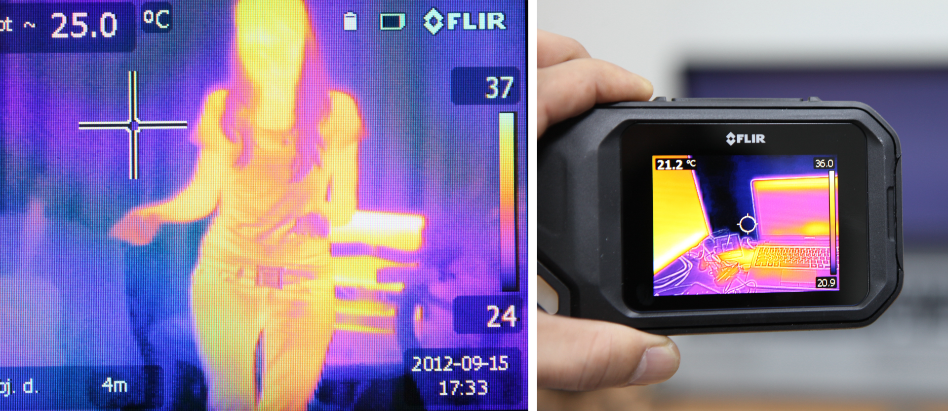 Ilustracja składa się z dwóch zdjęć. Na zdjęciu po lewej postać człowieka uchwyconego w kamerze termowizyjnej. Postać jest zaznaczona w kolorze żółtym, odpowiadającym wyższej temperaturze, tło w kolorze niebieskim, odpowiadającym niższej temperaturze. Po prawej stronie osoby wskaźnik temperatury od dwudziestu czterech do trzydziestu siedmiu stopni Celsjusza. Na drugim zdjęciu dłoń trzymająca w ręku kamerę termowizyjną z włączonym wyświetlaczem, pokazującym temperaturę pracy monitora i laptopa. Sprzęt komputerowy ma kolor żółty przechodzący w fiolet, tło jest czarno‑niebieskie.