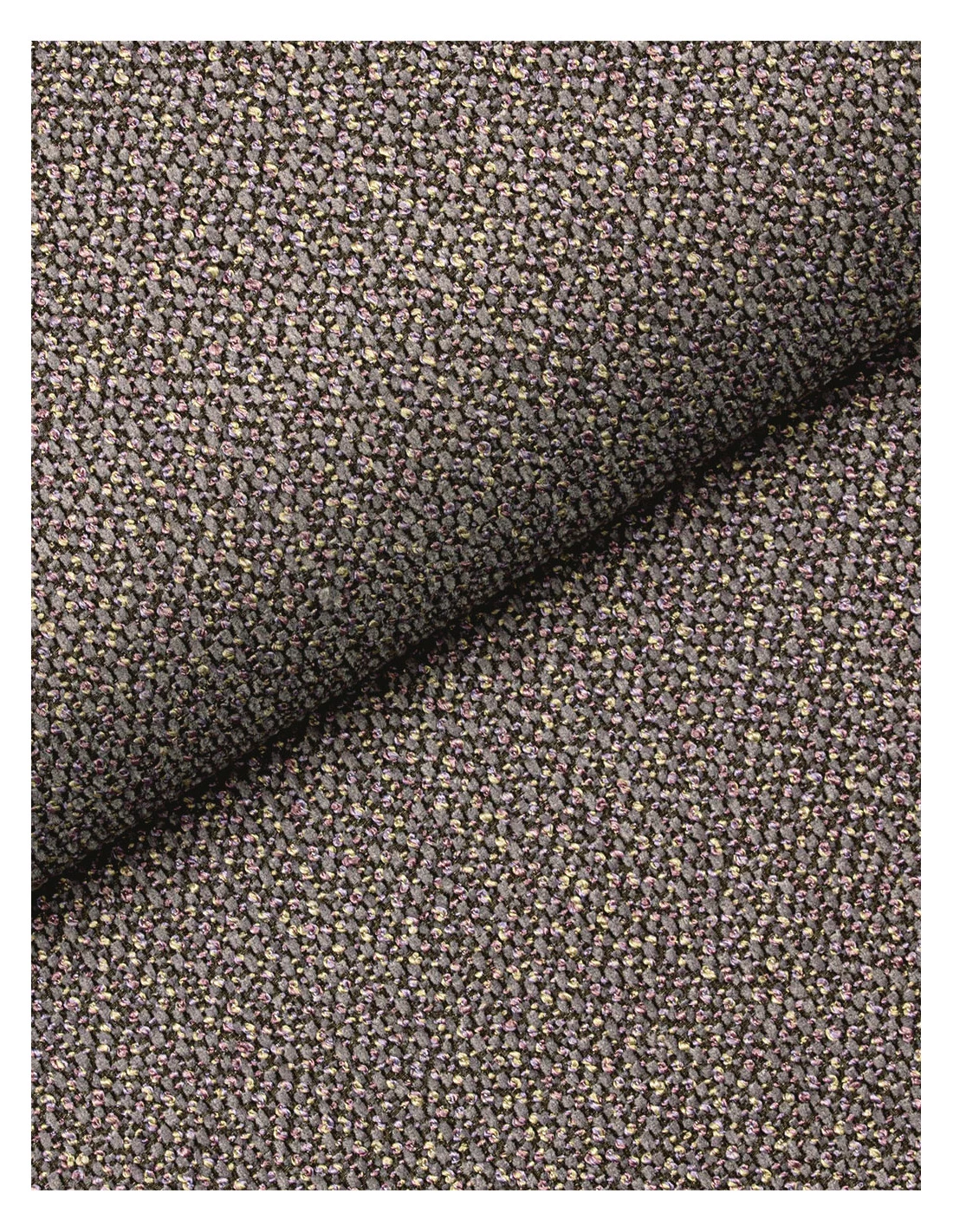 Zdjęcie przedstawia próbkę szenili. Tkaninę tworzą skręcone włókna w kilku kolorach, co tworzy ciekawy efekt barwny.